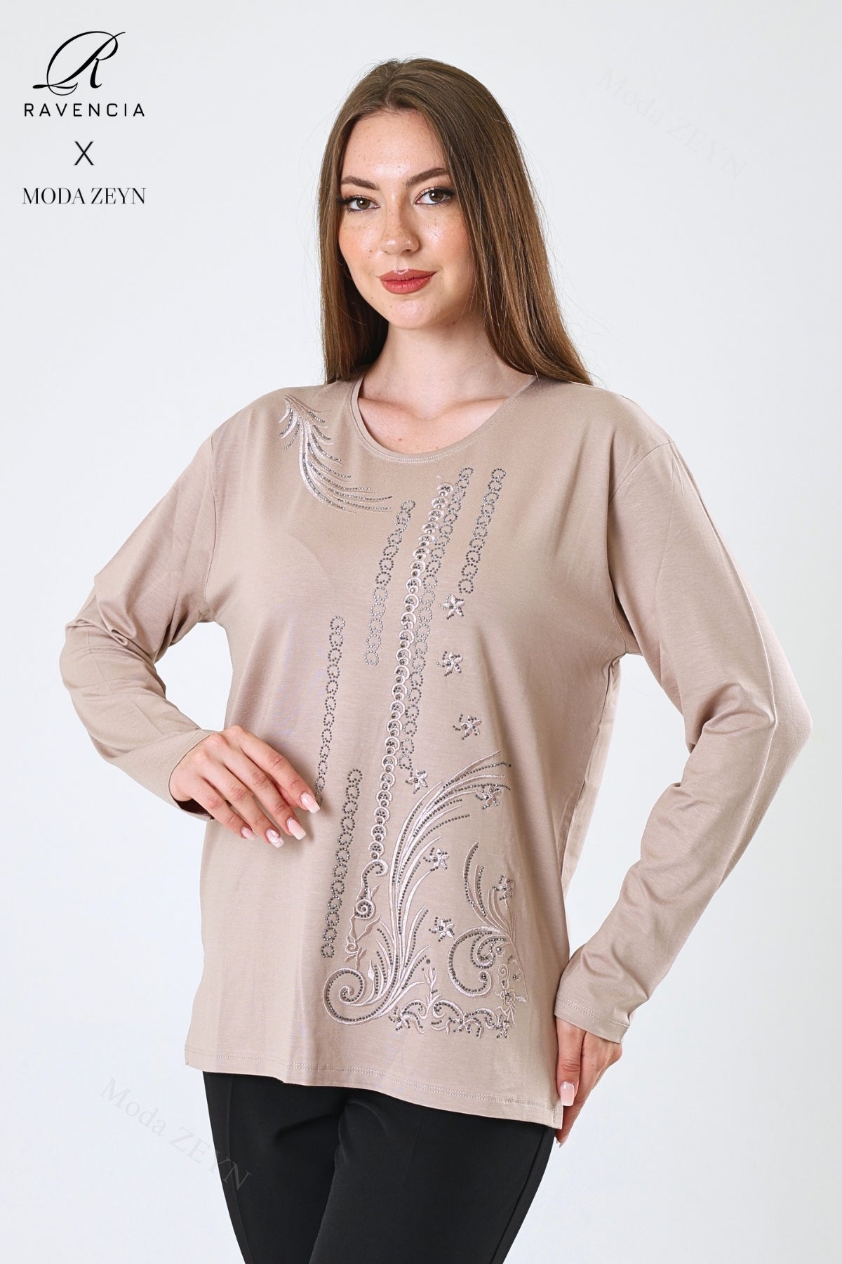 Kadın Orta Yaş Ve Üzeri Viskon Halka Şerit Desen Taşlı Işlemeli Likralı Anne Penye Bluz