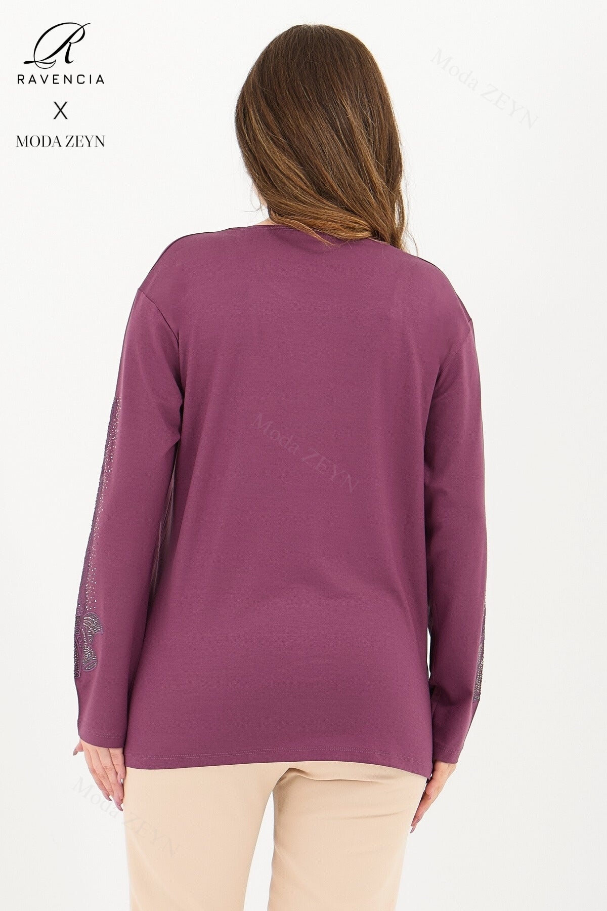 Kadın Orta Yaş Ve Üzeri Viskon Fiyonk Desen Taşlı Işlemeli Likralı Anne Penye Bluz