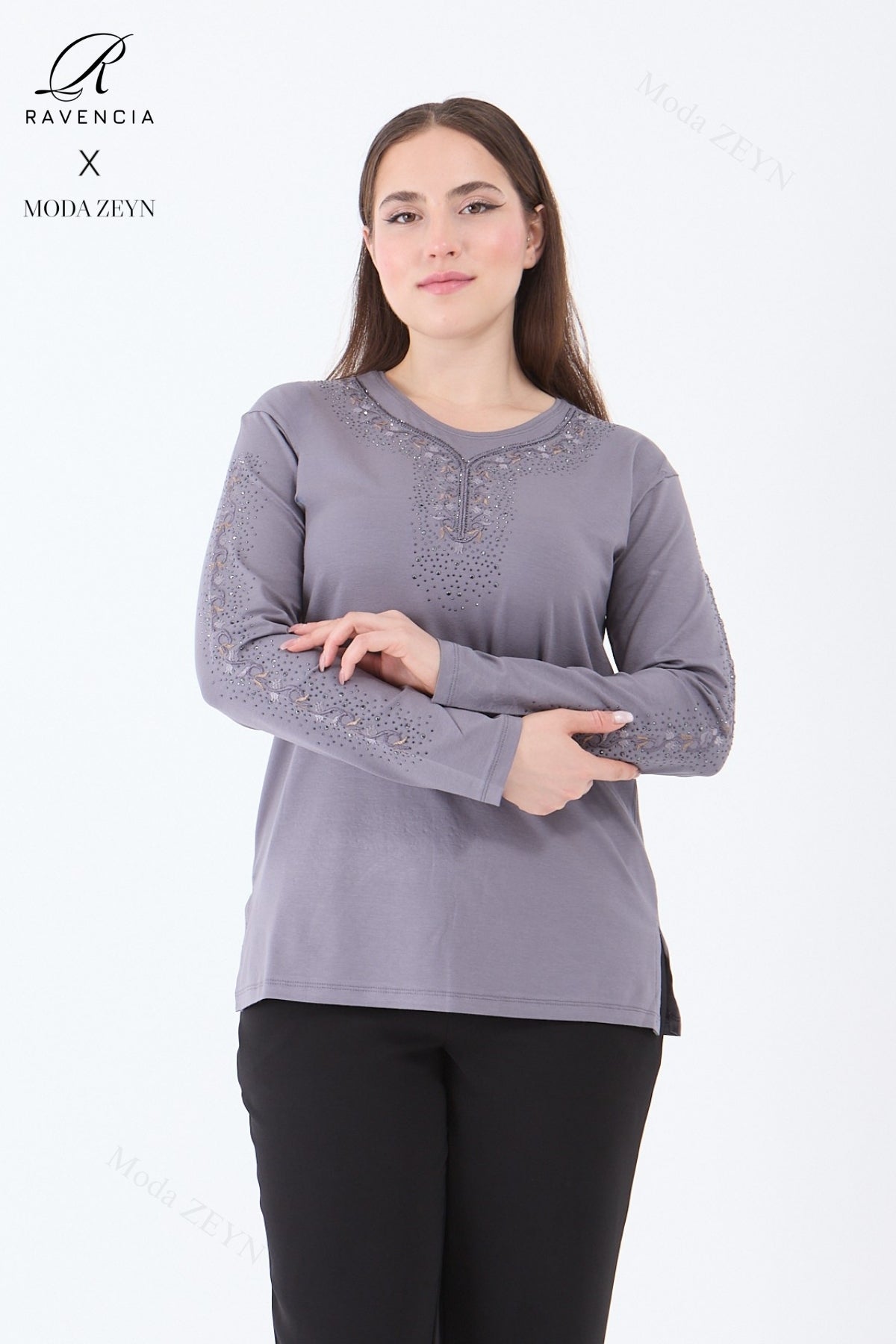 Kadın Orta Yaş Ve Üzeri Viskon Şerit Çiçek Desen Taşlı Işlemeli Likralı Koyu Kahverengi Anne Penye B