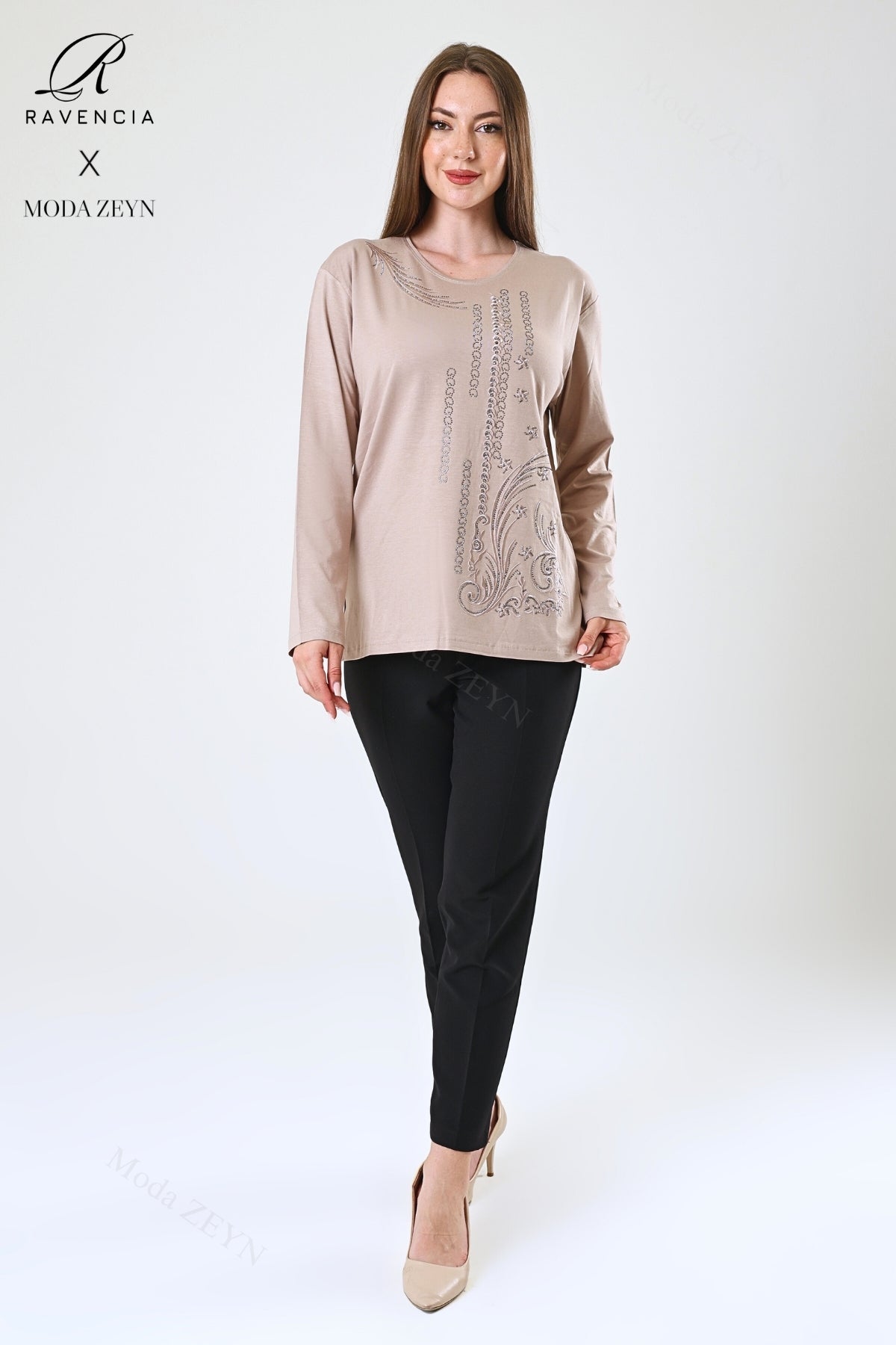 Kadın Orta Yaş Ve Üzeri Viskon Halka Şerit Desen Taşlı Işlemeli Likralı Anne Penye Bluz