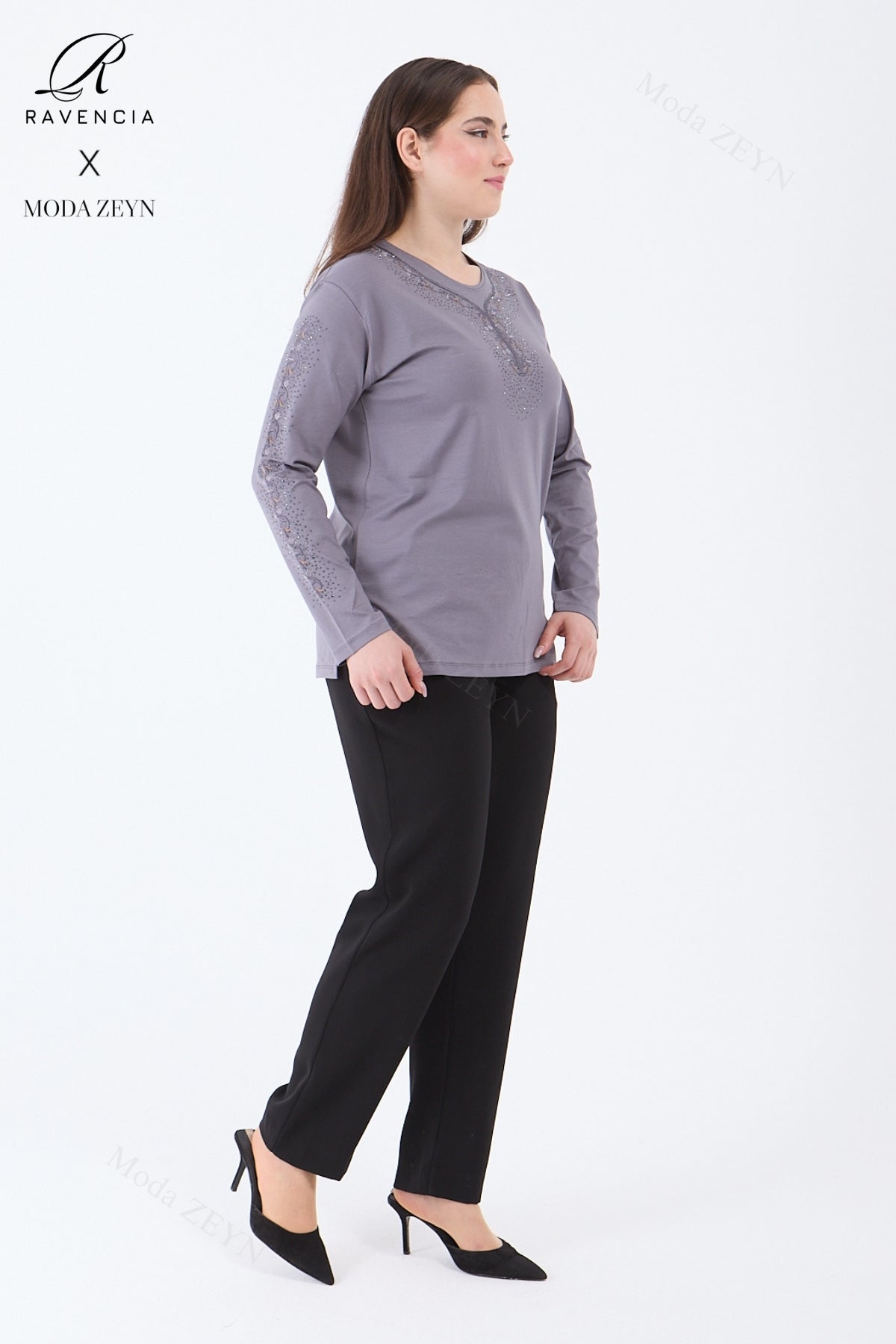 Kadın Orta Yaş Ve Üzeri Viskon Şerit Çiçek Desen Taşlı Işlemeli Likralı Koyu Kahverengi Anne Penye B