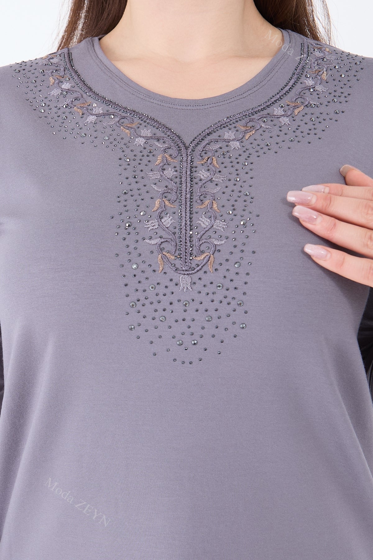 Kadın Orta Yaş Ve Üzeri Viskon Şerit Çiçek Desen Taşlı Işlemeli Likralı Koyu Kahverengi Anne Penye B