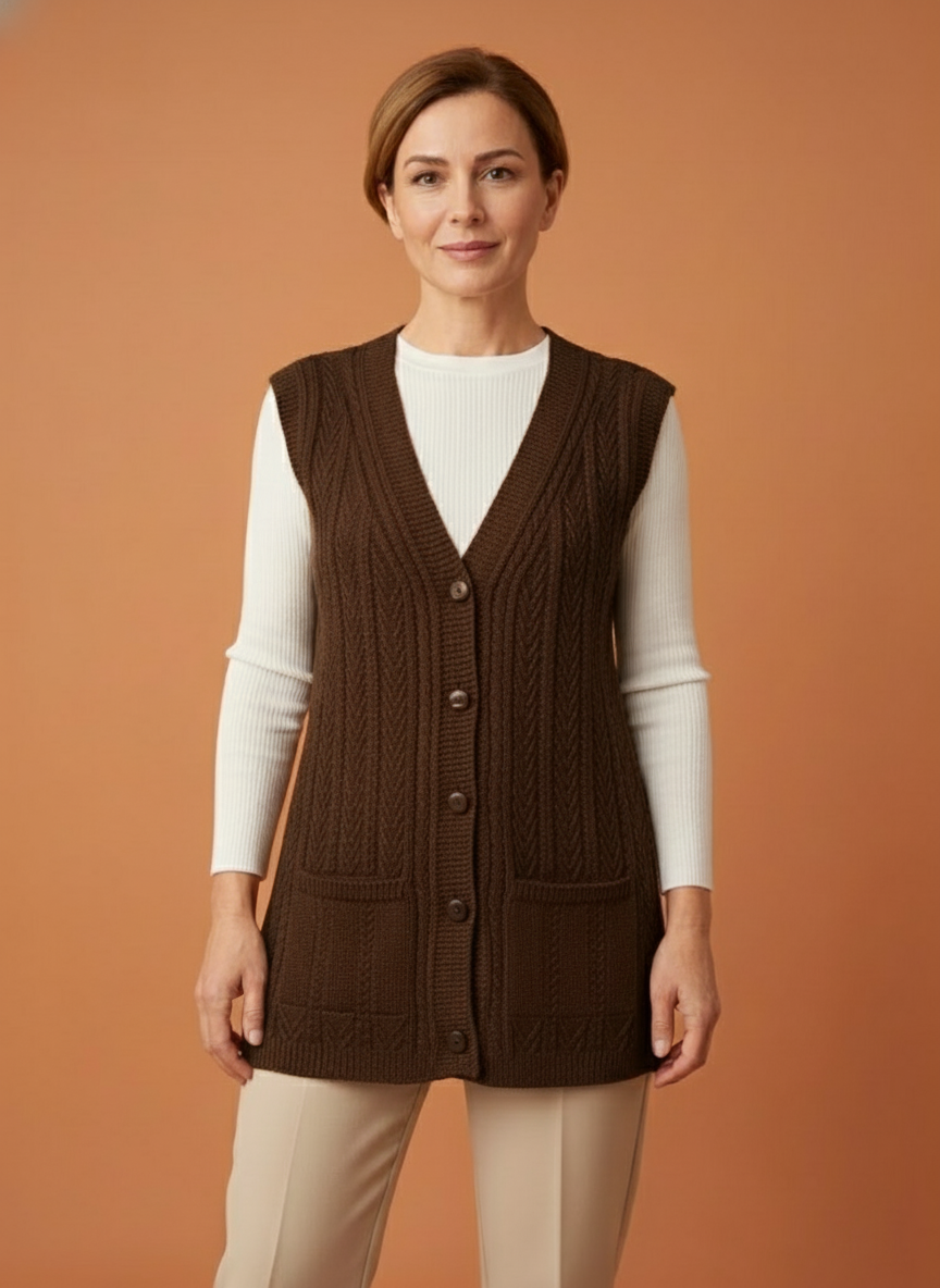 Kadın Düğmeli Esnek Kalın Anne Triko Yelek