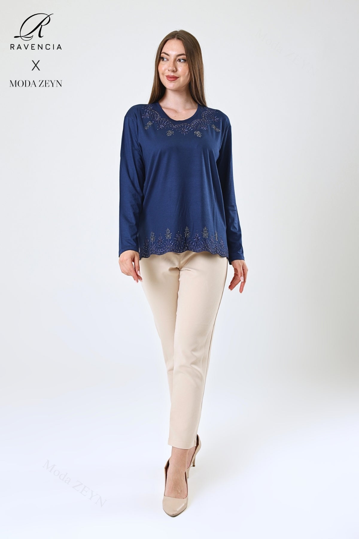 Kadın Orta Yaş Ve Üzeri Viskon Yaprak Desenli Eteği Yakası Taşlı Işlemeli Likralı Zümrüt Anne Penye