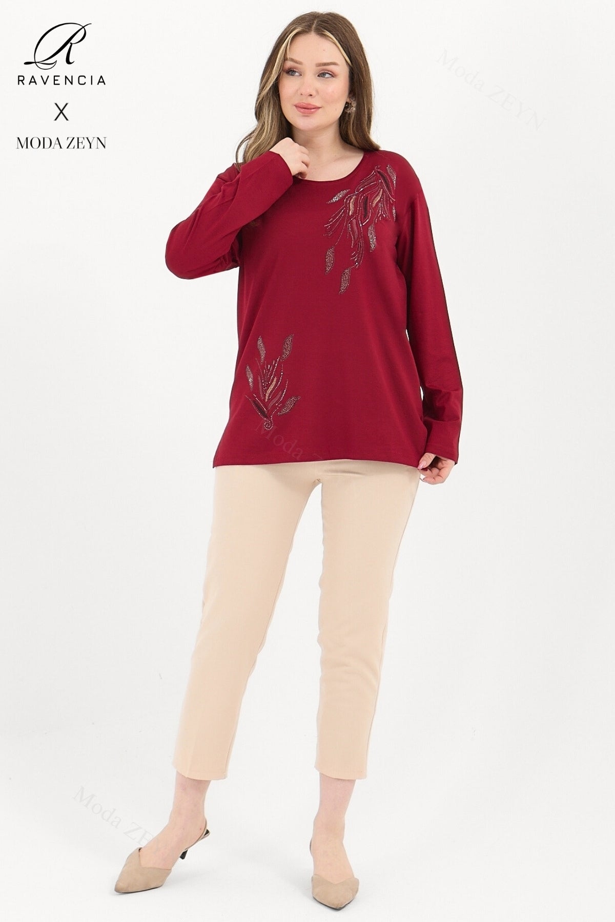 Kadın Viskon Renkli Yaprak Desen Taşlı İşlemeli Likralı Anne Penye Bluz