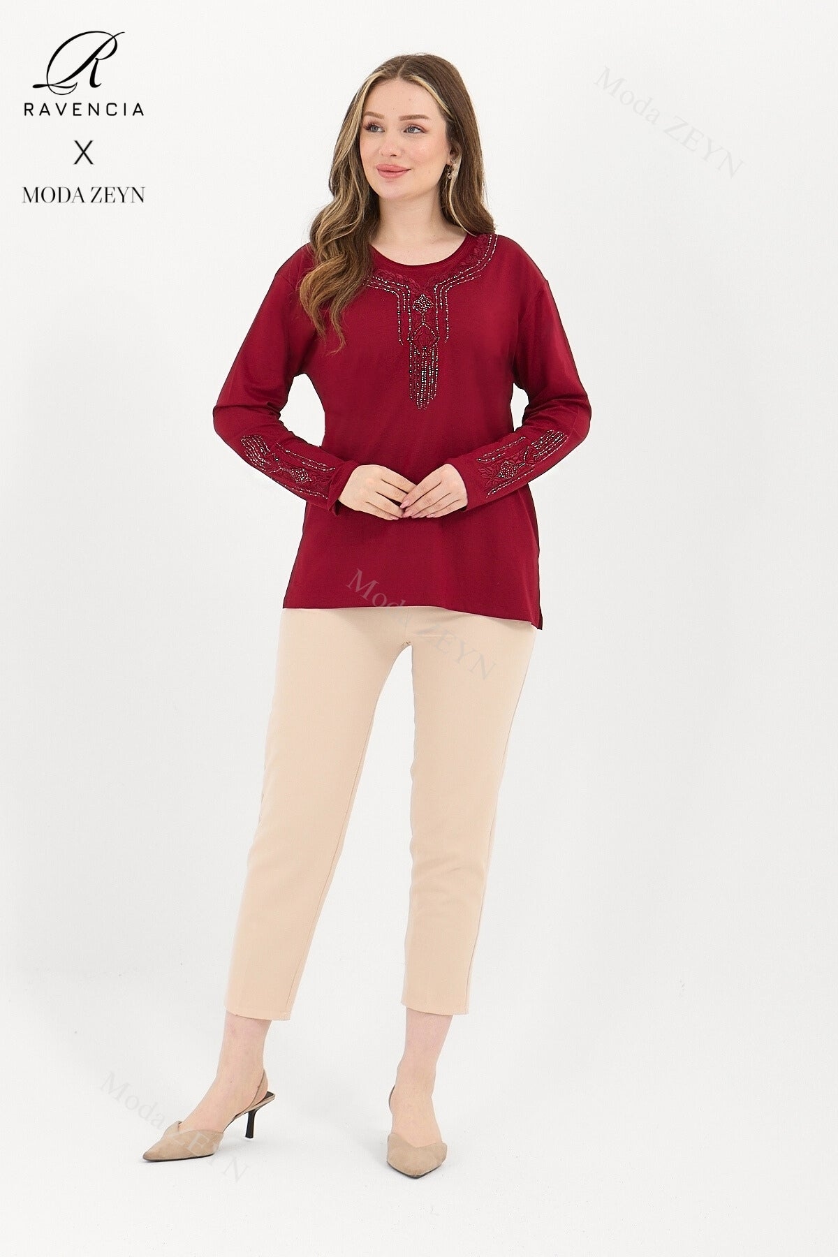 Kadın Orta Yaş Ve Üzeri Viskon Madolyon Desen Taşlı Işlemeli Likralı Anne Penye Bluz