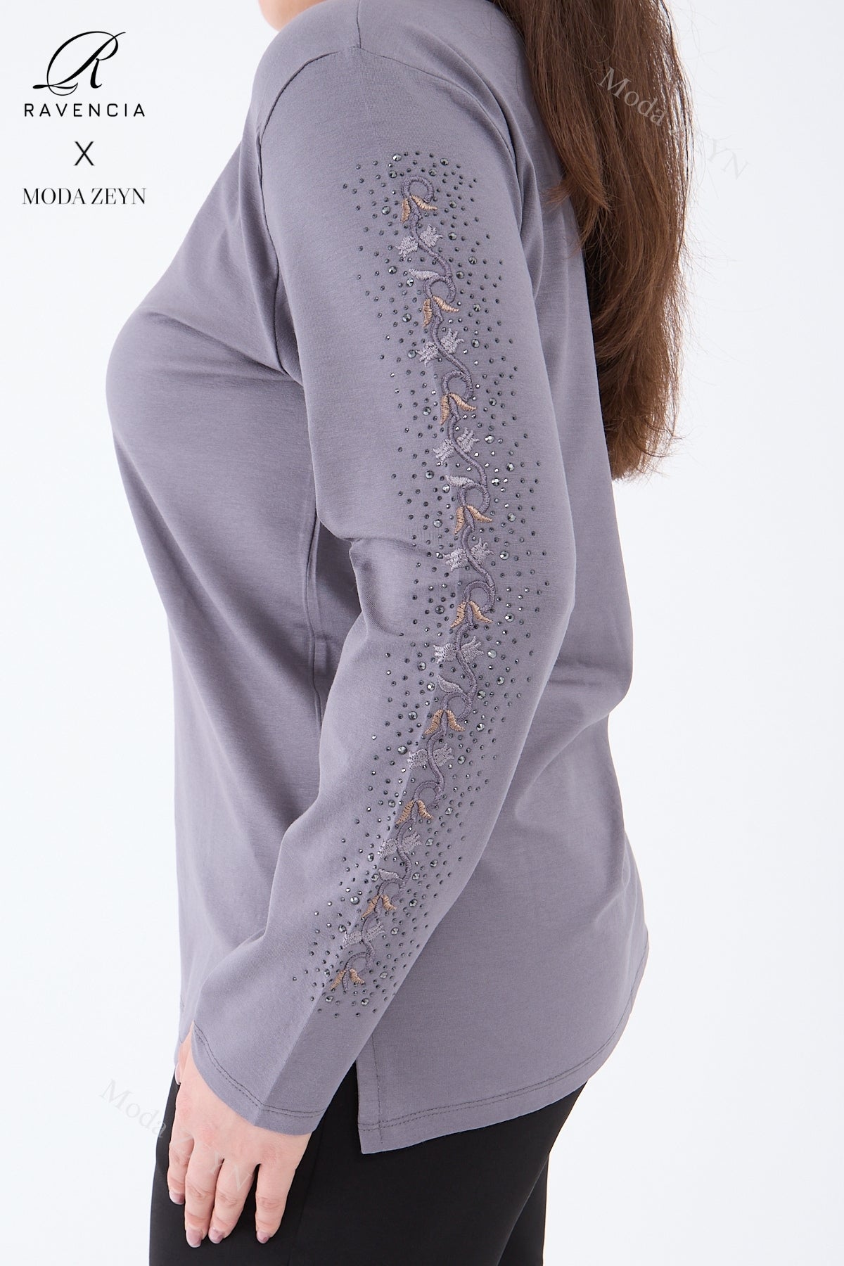 Kadın Orta Yaş Ve Üzeri Viskon Şerit Çiçek Desen Taşlı Işlemeli Likralı Koyu Kahverengi Anne Penye B