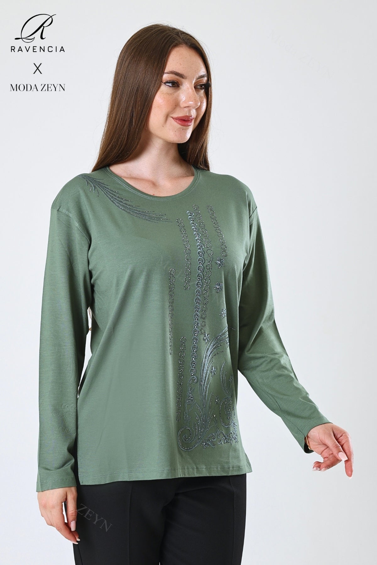 Kadın Orta Yaş Ve Üzeri Viskon Halka Şerit Desen Taşlı Işlemeli Likralı Anne Penye Bluz