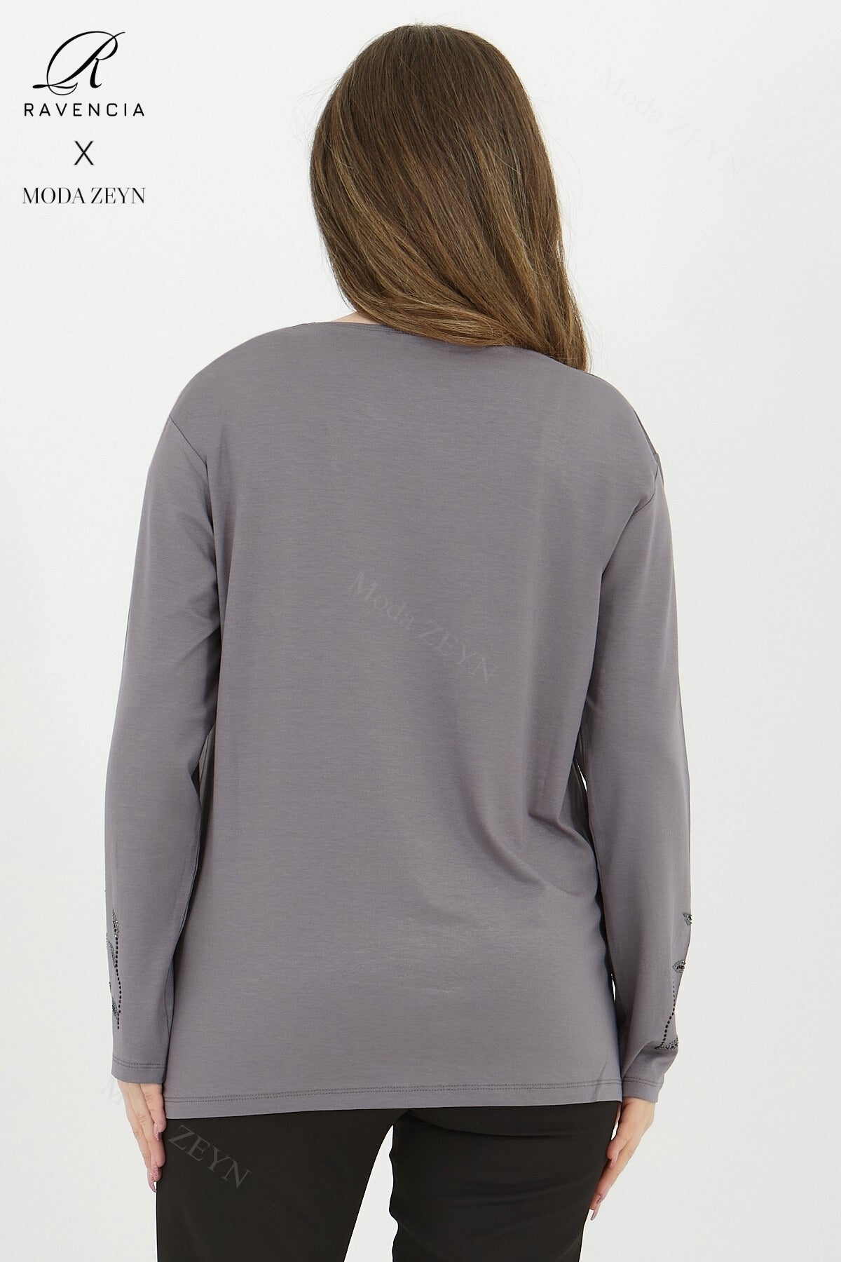 Kadın Orta Yaş Ve Üzeri Viskon Yaprak Desen Taşlı İşlemeli Likralı Lacivert Anne Penye Bluz