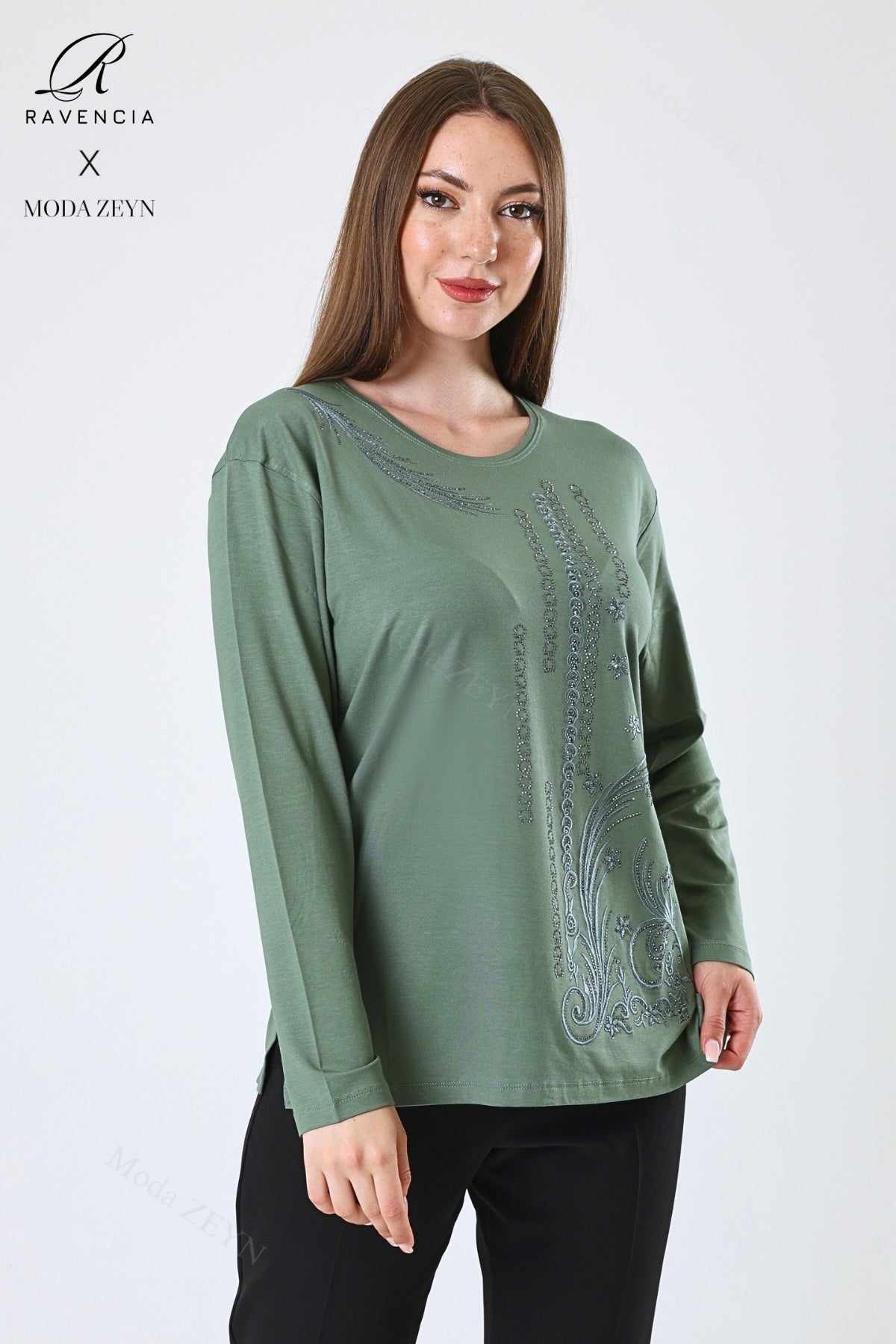 Kadın Orta Yaş Ve Üzeri Viskon Halka Şerit Desen Taşlı Işlemeli Likralı Anne Penye Bluz