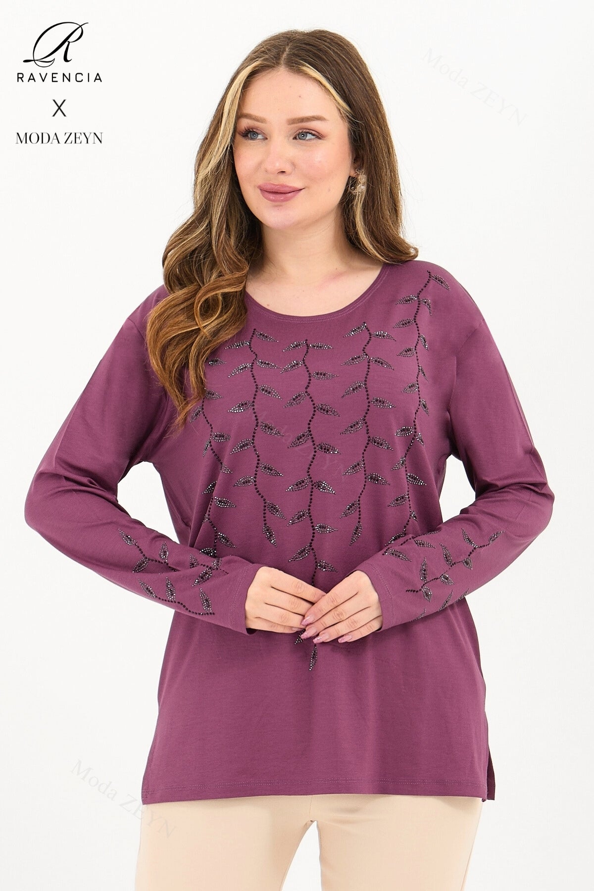 Kadın Viskon Yaprak Desen Taşlı İşlemeli Likralı Anne Penye Bluz