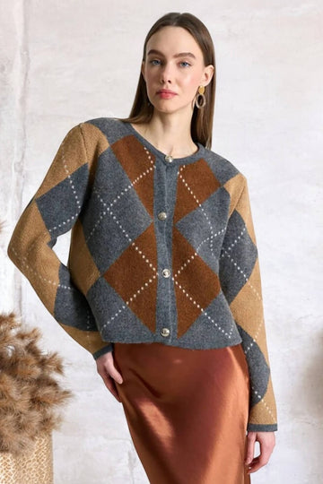 Kadın Bisiklet Yaka Baklava Desenli Gold Düğmeli Hırka