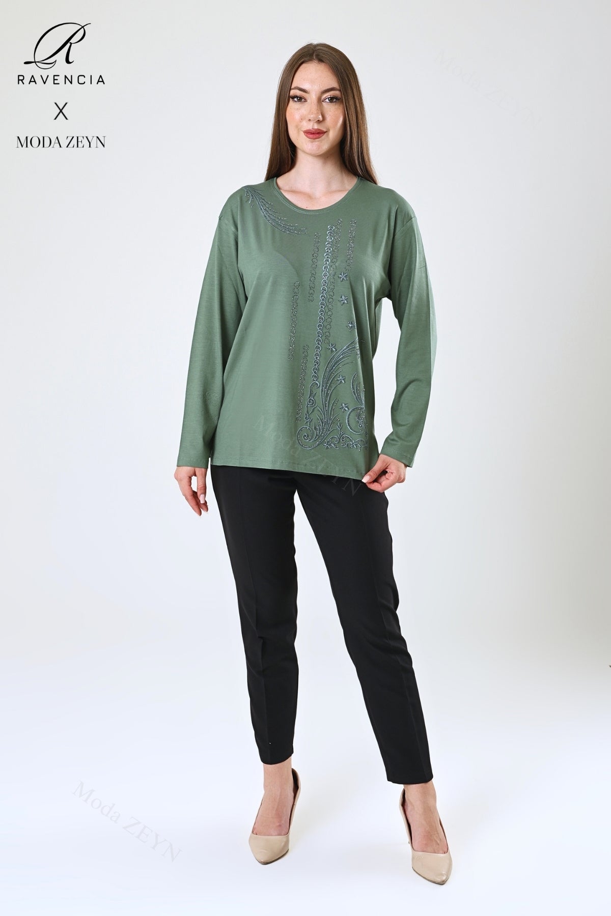 Kadın Orta Yaş Ve Üzeri Viskon Halka Şerit Desen Taşlı Işlemeli Likralı Anne Penye Bluz