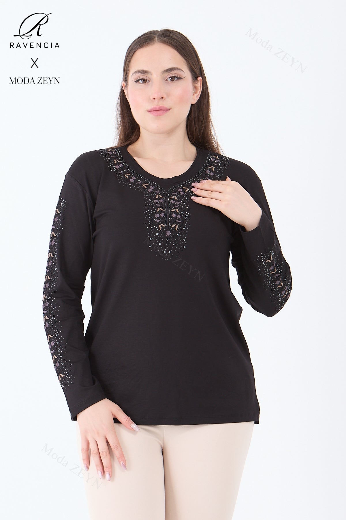 Kadın Orta Yaş Ve Üzeri Viskon Şerit Çiçek Desen Taşlı Işlemeli Likralı Koyu Kahverengi Anne Penye B