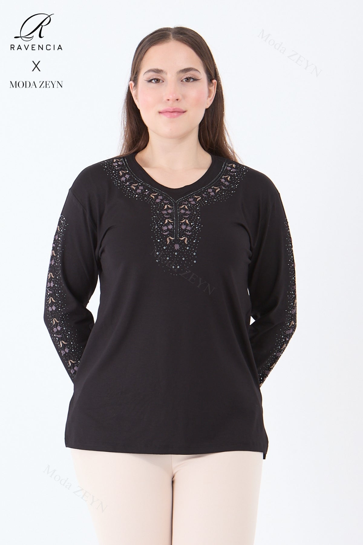 Kadın Orta Yaş Ve Üzeri Viskon Şerit Çiçek Desen Taşlı Işlemeli Likralı Koyu Kahverengi Anne Penye B