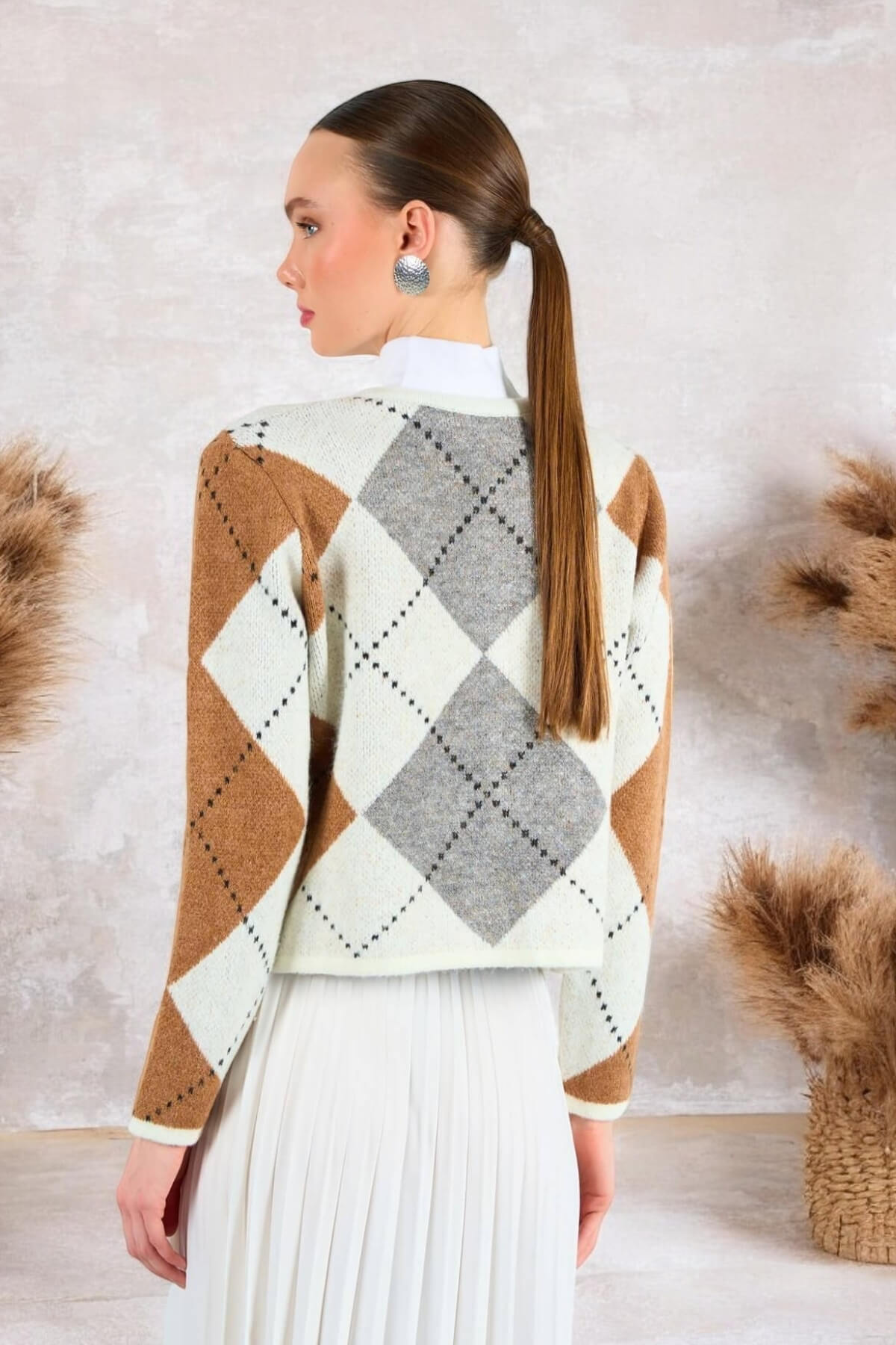 Kadın Bisiklet Yaka Baklava Desenli Gold Düğmeli Hırka