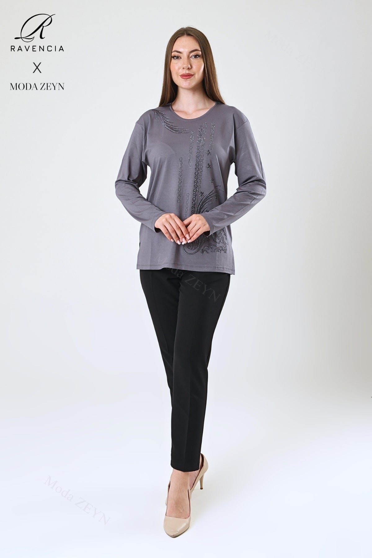 Kadın Halka Şerit Desen Taşlı Işlemeli Yırtmaçlı Likralı Viskon Anne Penye Bluz