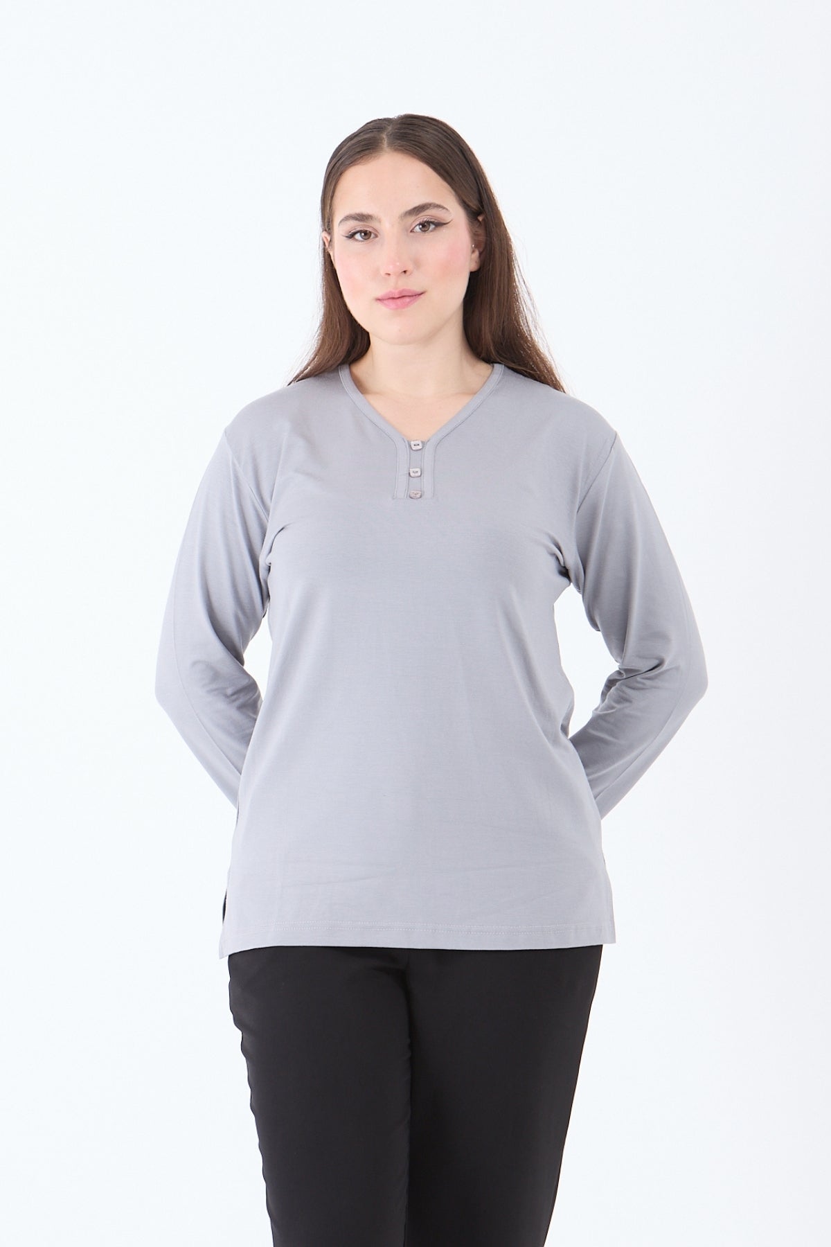 Kadın V Yaka Likralı Viskon Anne Penye Bluz