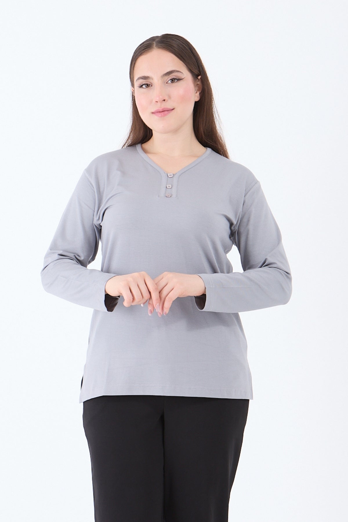 Kadın V Yaka Likralı Viskon Anne Penye Bluz