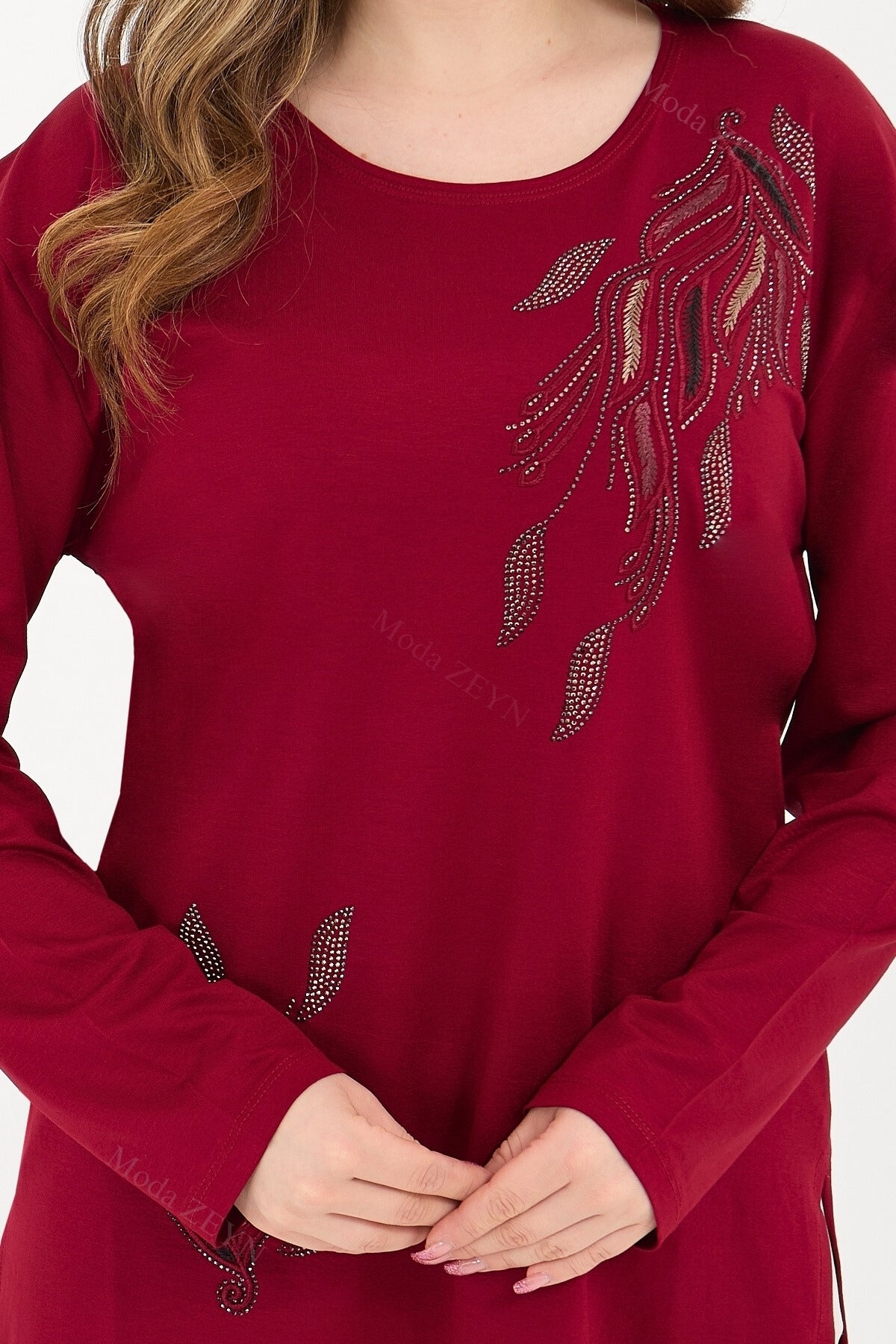 Kadın Orta Yaş Ve Üzeri Viskon Renkli Yaprak Desen Taşlı İşlemeli Likralı Anne Penye Bluz