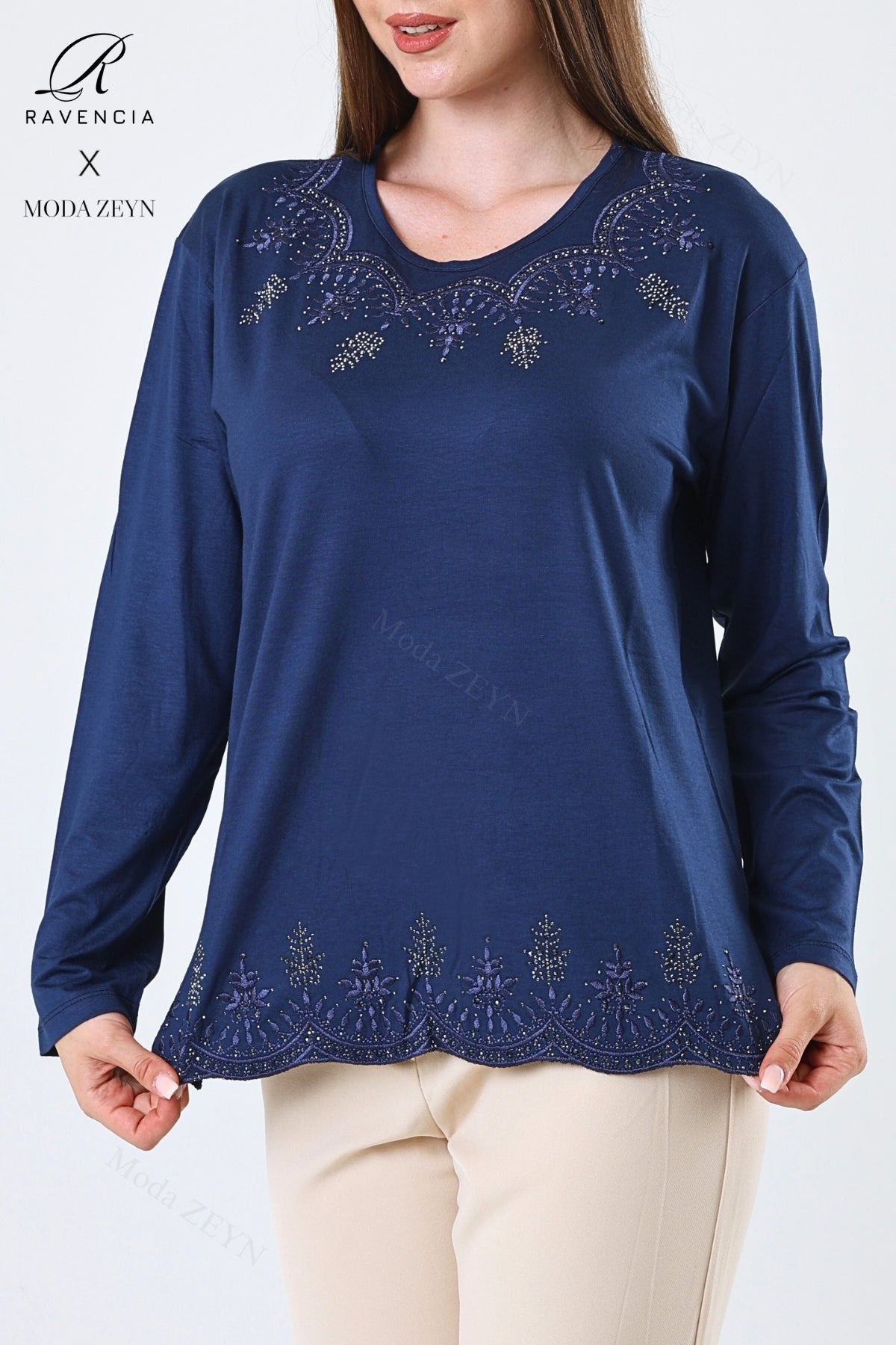 Kadın Orta Yaş Ve Üzeri Viskon Yaprak Desenli Eteği Yakası Taşlı Işlemeli Likralı Zümrüt Anne Penye