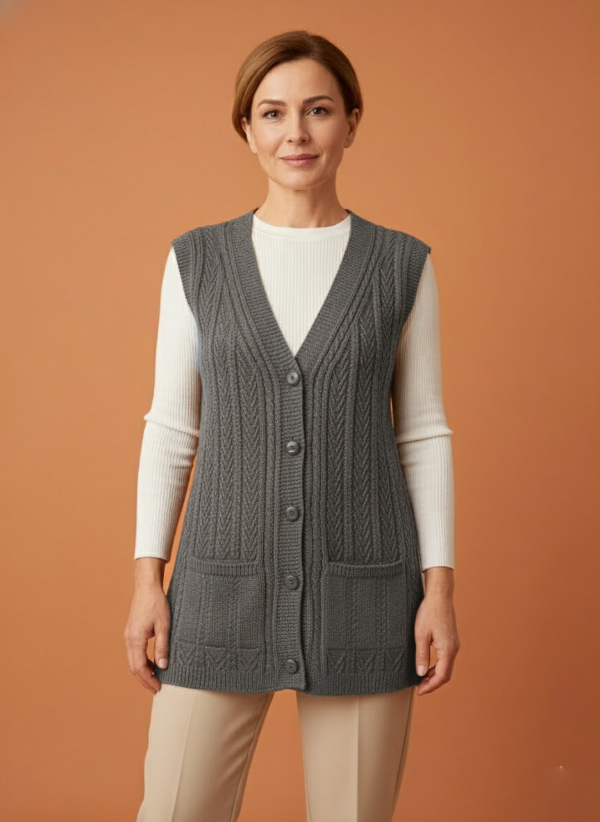 Kadın Düğmeli Esnek Kalın Anne Triko Yelek