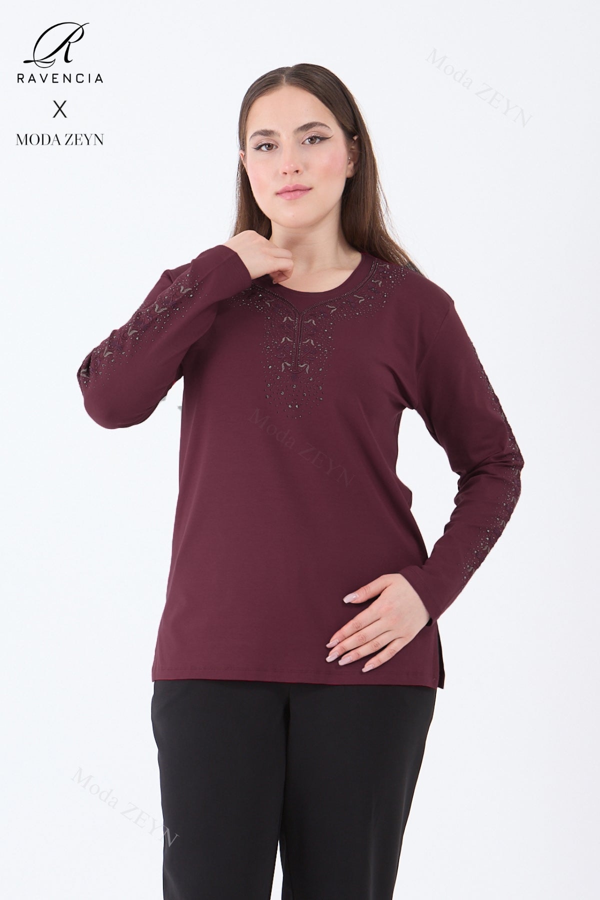 Kadın Orta Yaş Ve Üzeri Viskon Şerit Çiçek Desen Taşlı Işlemeli Likralı Koyu Kahverengi Anne Penye B