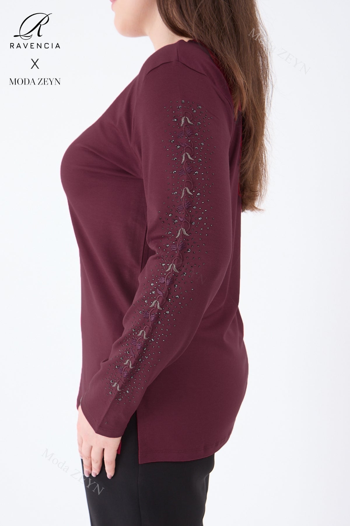 Kadın Orta Yaş Ve Üzeri Viskon Şerit Çiçek Desen Taşlı Işlemeli Likralı Koyu Kahverengi Anne Penye B