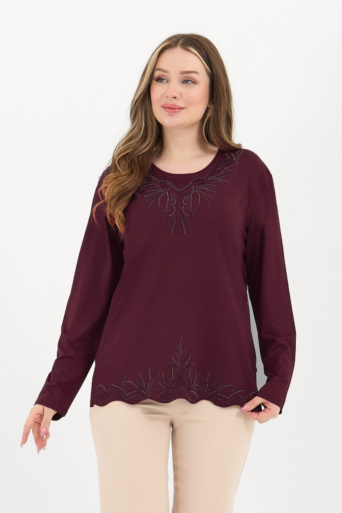 Kadın Orta Yaş Ve Üzeri Viskon Yaka Etek Taşlı Işlemeli Likralı Koyu Kahverengi Anne Penye Bluz