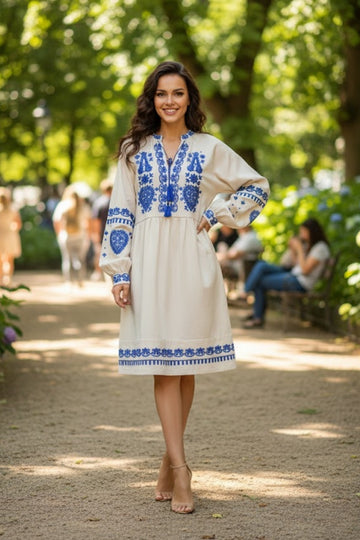 Kadın Hakim Yaka Nakışlı Püskül Detaylı Uzun Balon Kol Elbise