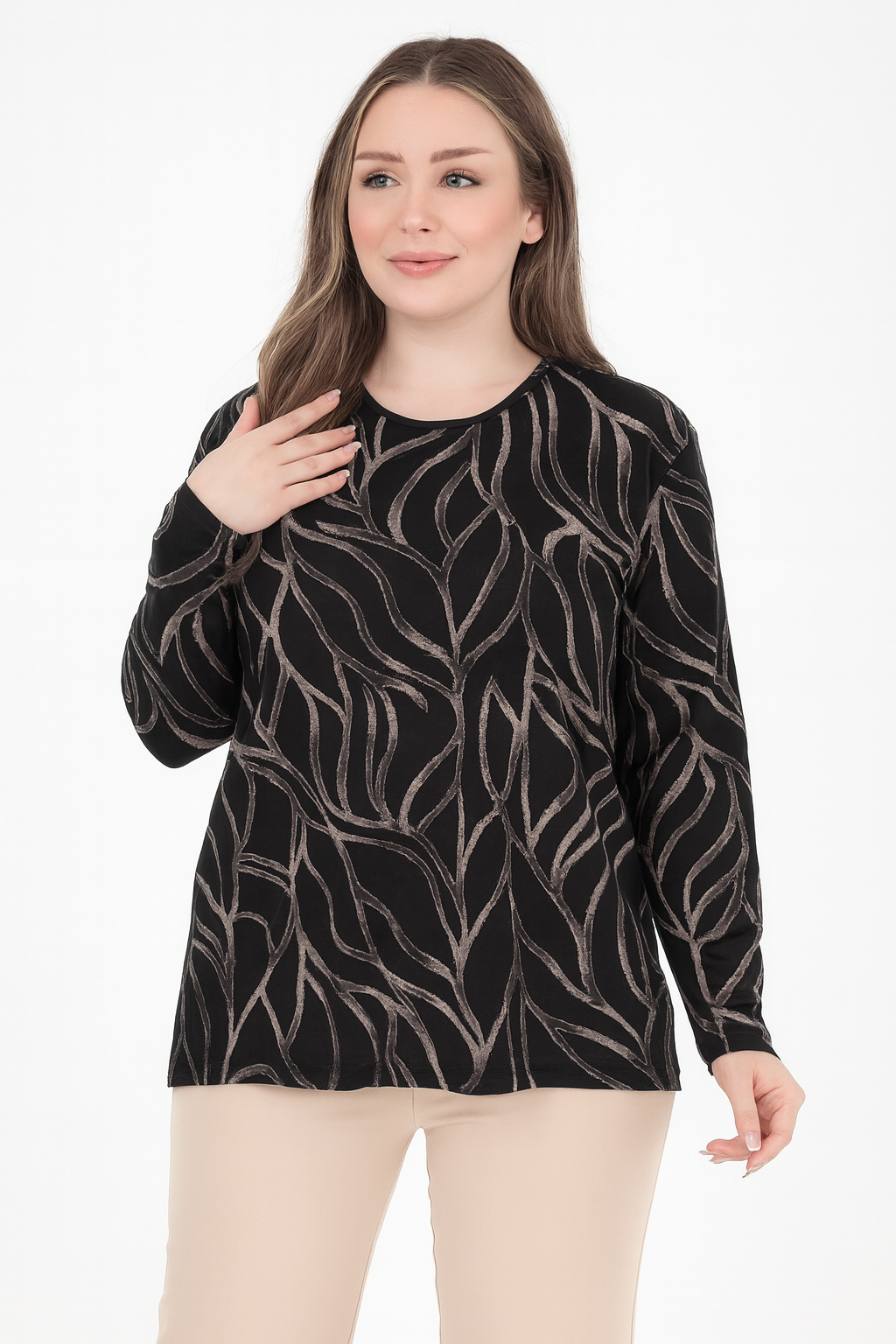 Kadın Orta Yaş Ve Üzeri Baskı Desenli Simli Likralı Yırtmaçlı Siyah Anne Penye Bluz