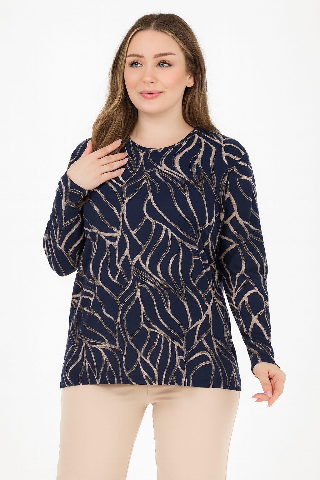 Kadın Orta Yaş Ve Üzeri Baskı Desenli Simli Likralı Yırtmaçlı Siyah Anne Penye Bluz