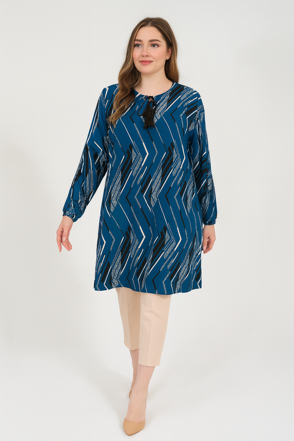 Zigzag Cizgi Desenli Kadın Dokuma Tunik