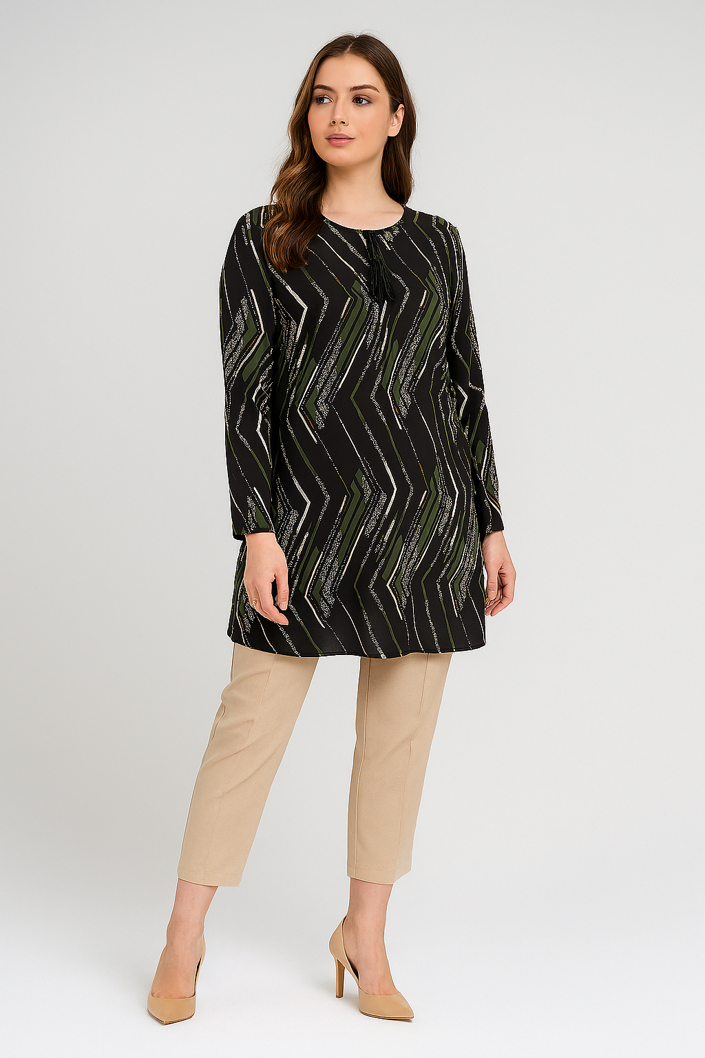 Zigzag Cizgi Desenli Kadın Dokuma Tunik