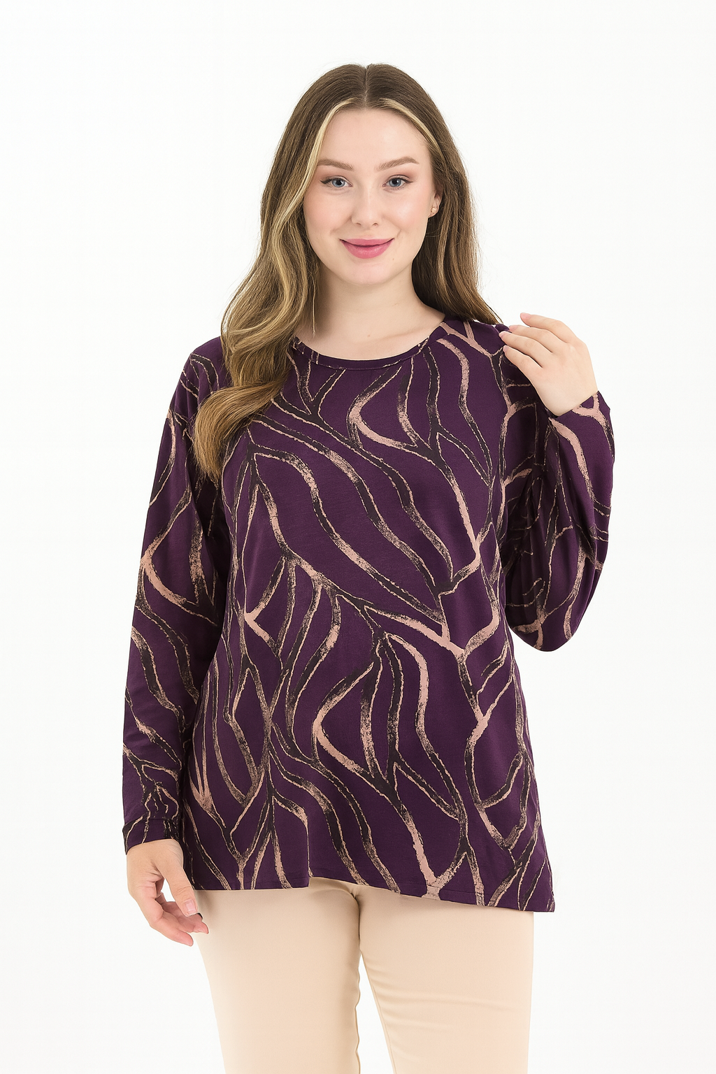 Kadın Orta Yaş Ve Üzeri Baskı Desenli Simli Likralı Yırtmaçlı Siyah Anne Penye Bluz