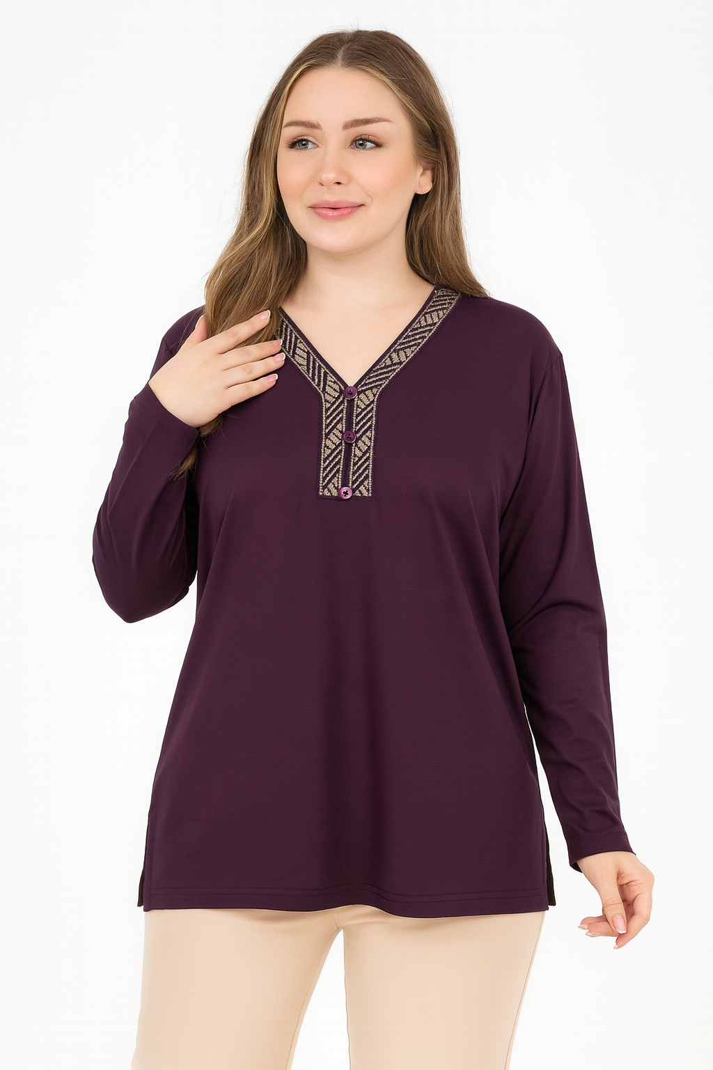 Kadın Orta Yaş Ve Üzeri V Yaka Desenli Yırtmaçlı Vizon Anne Penye Bluz