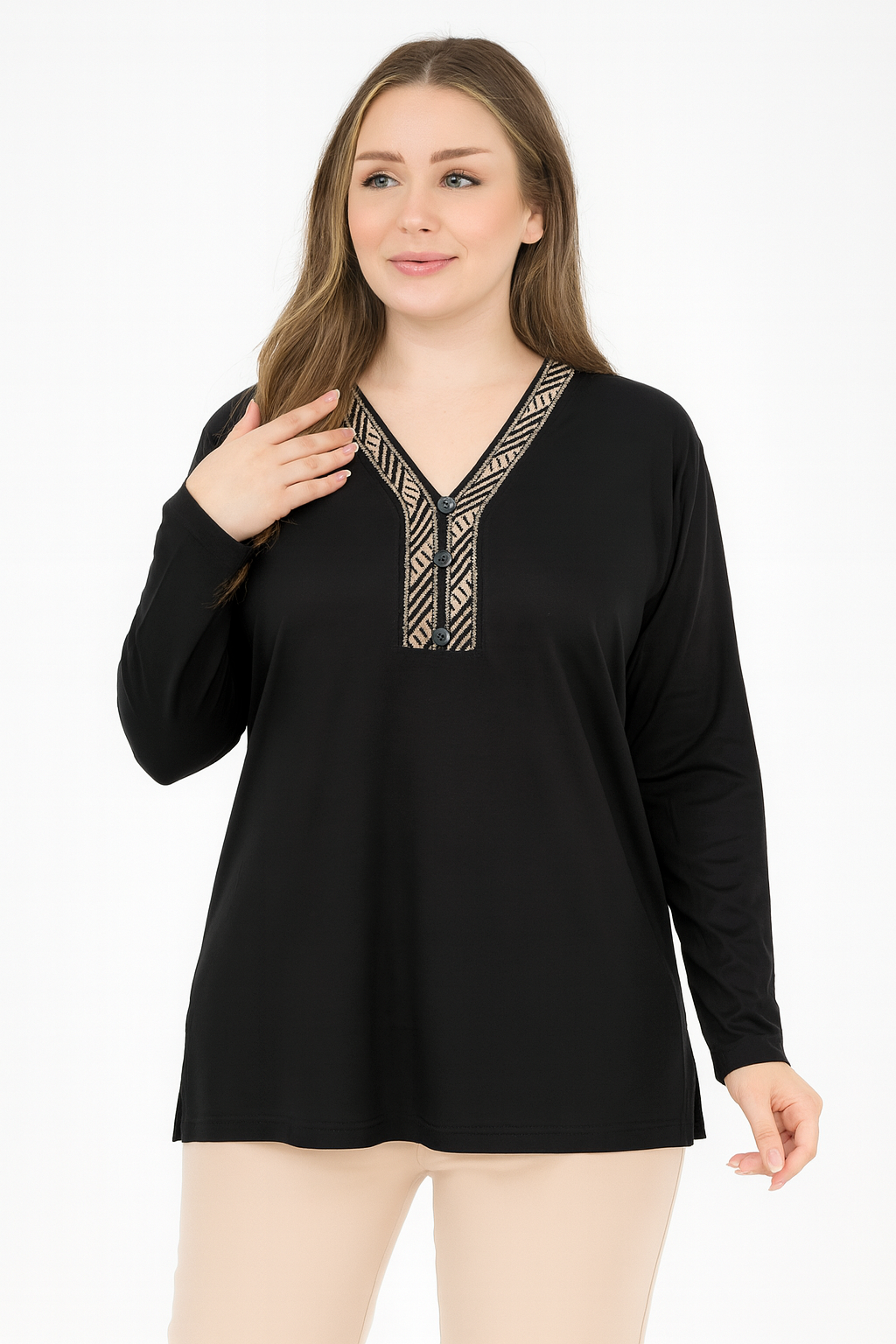 Kadın V Yaka Desenli Yırtmaçlı Vizon Anne Penye Bluz