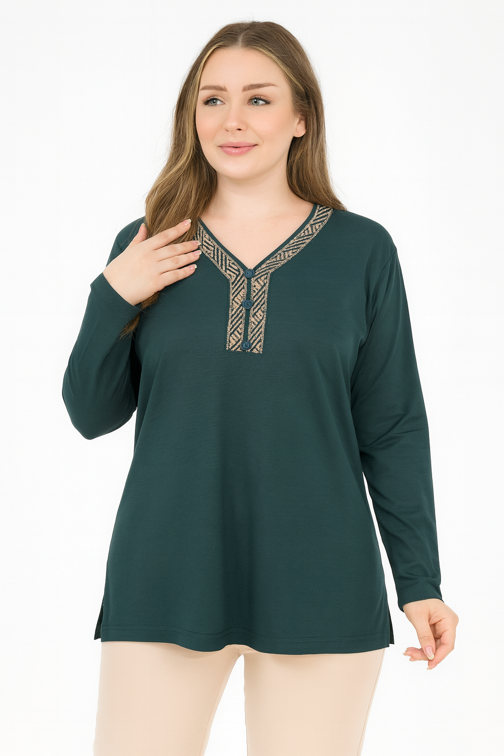 Kadın Orta Yaş Ve Üzeri V Yaka Desenli Yırtmaçlı Vizon Anne Penye Bluz