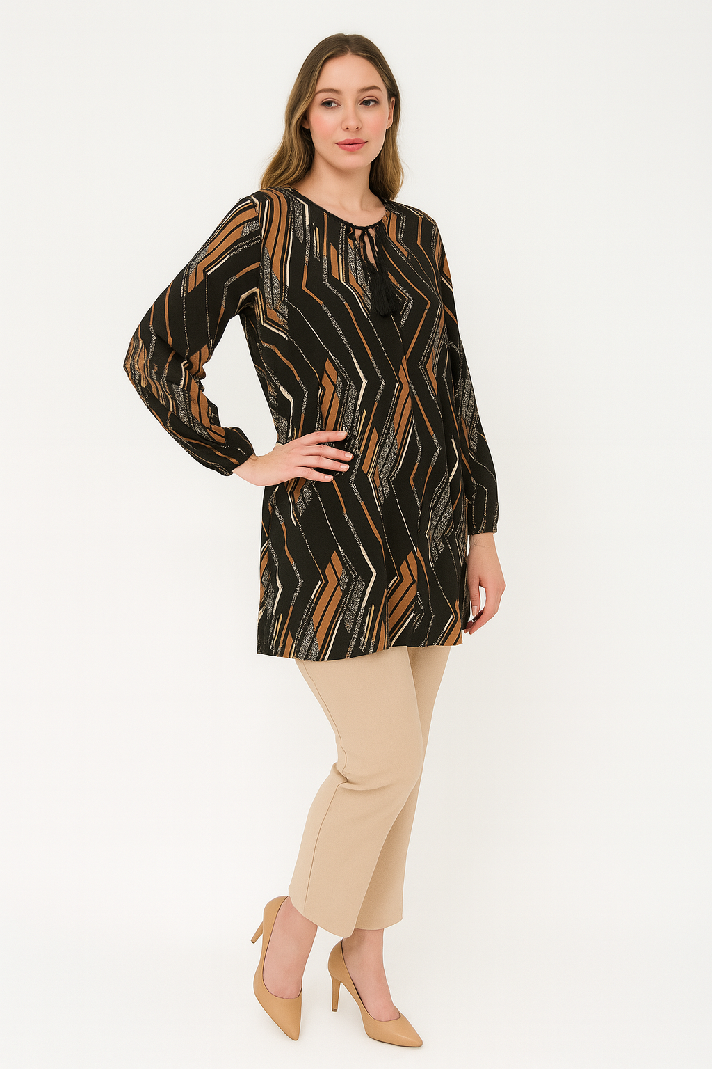 Kadın Zigzag Cizgi Desenli Dokuma Tunik