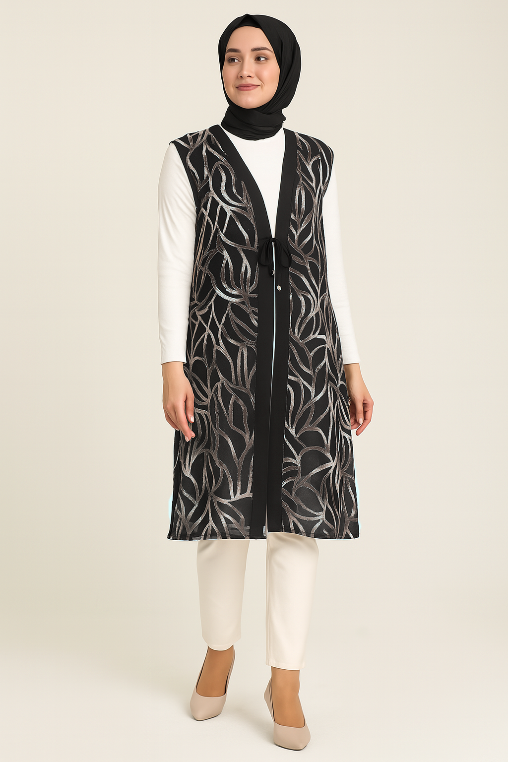 Kadın Simli Cizgi Desenli Tunik Yelek