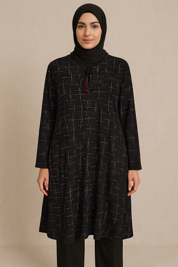 Kadın Cizgi Desenli İpli Simli Tunik