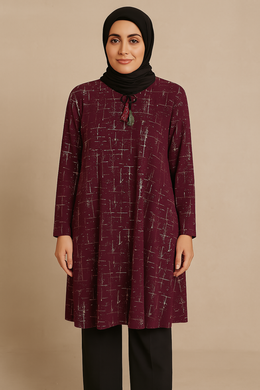 Kadın Cizgi Desenli İpli Simli Tunik