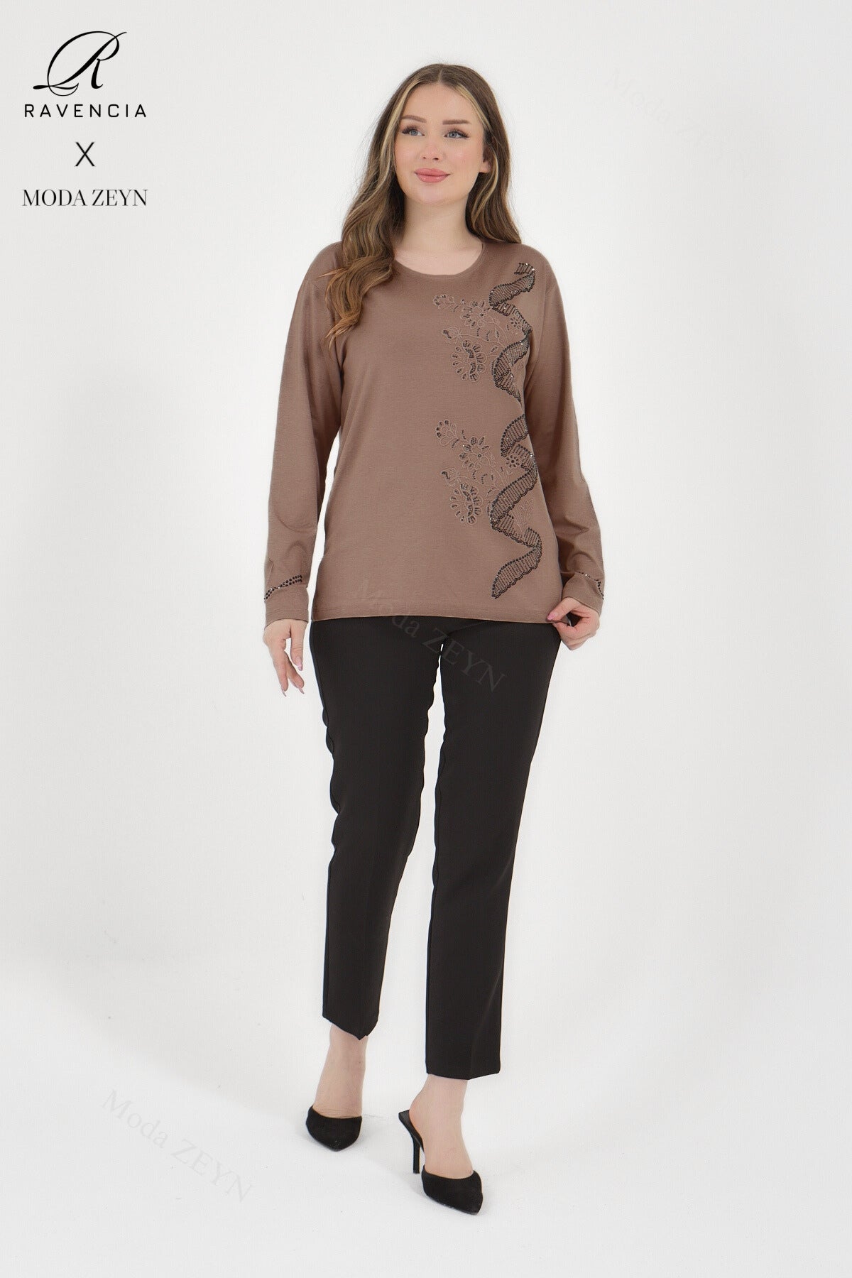 Kadın Orta Yaş Ve Üzeri Viskon Sarmal Desen Taşlı İşlemeli Likralı Yesil Anne Penye Bluz