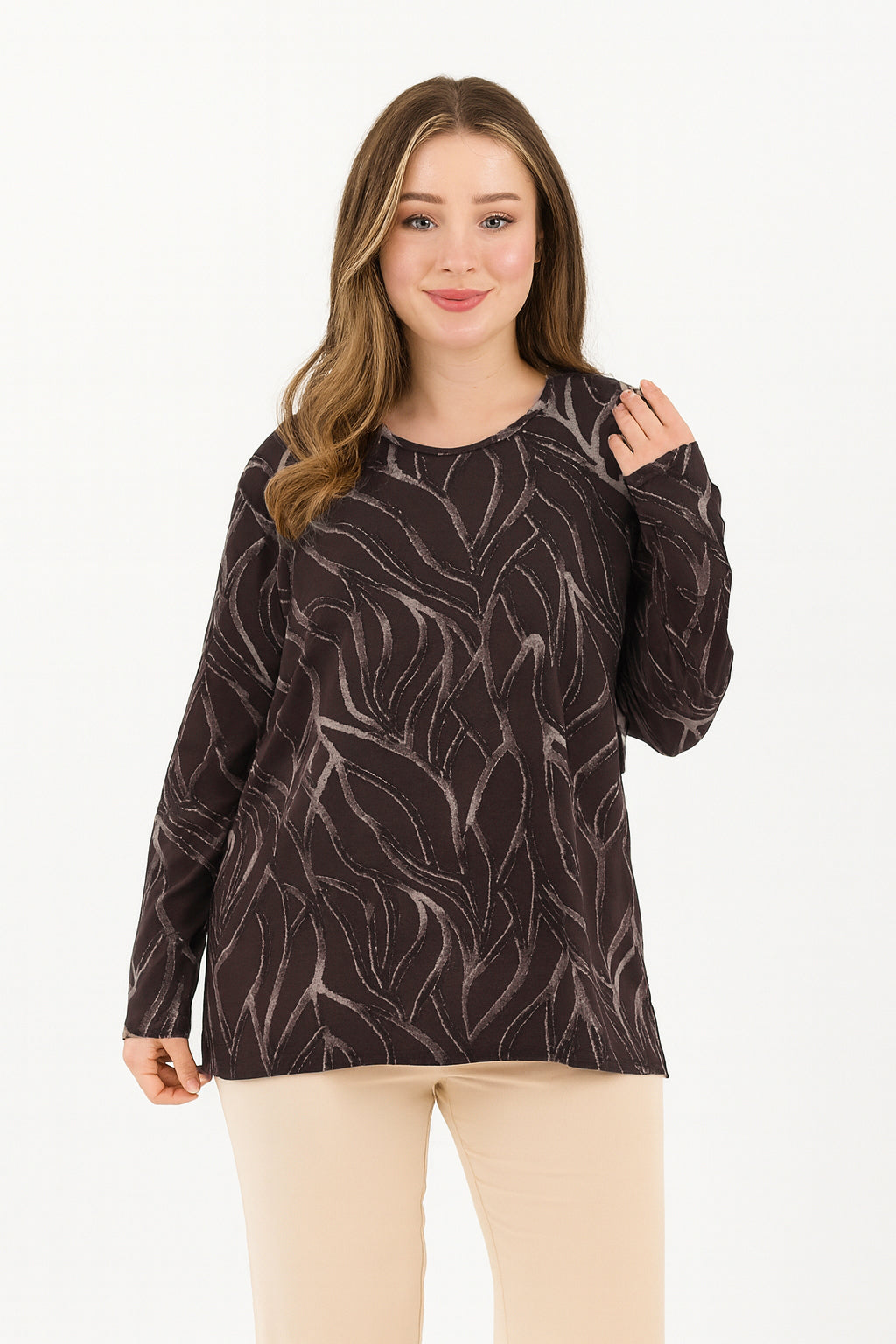 Kadın Orta Yaş Ve Üzeri Baskı Desenli Simli Likralı Yırtmaçlı Siyah Anne Penye Bluz