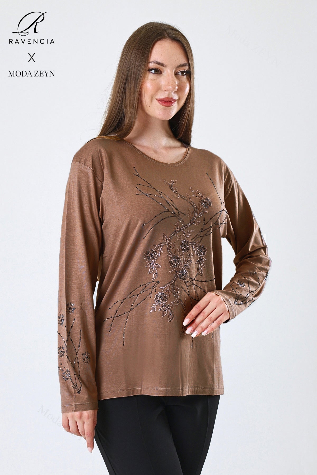 Kadın Viskon Yeni Kaplama Desen Taşlı Işlemeli Likralı Anne Penye Bluz