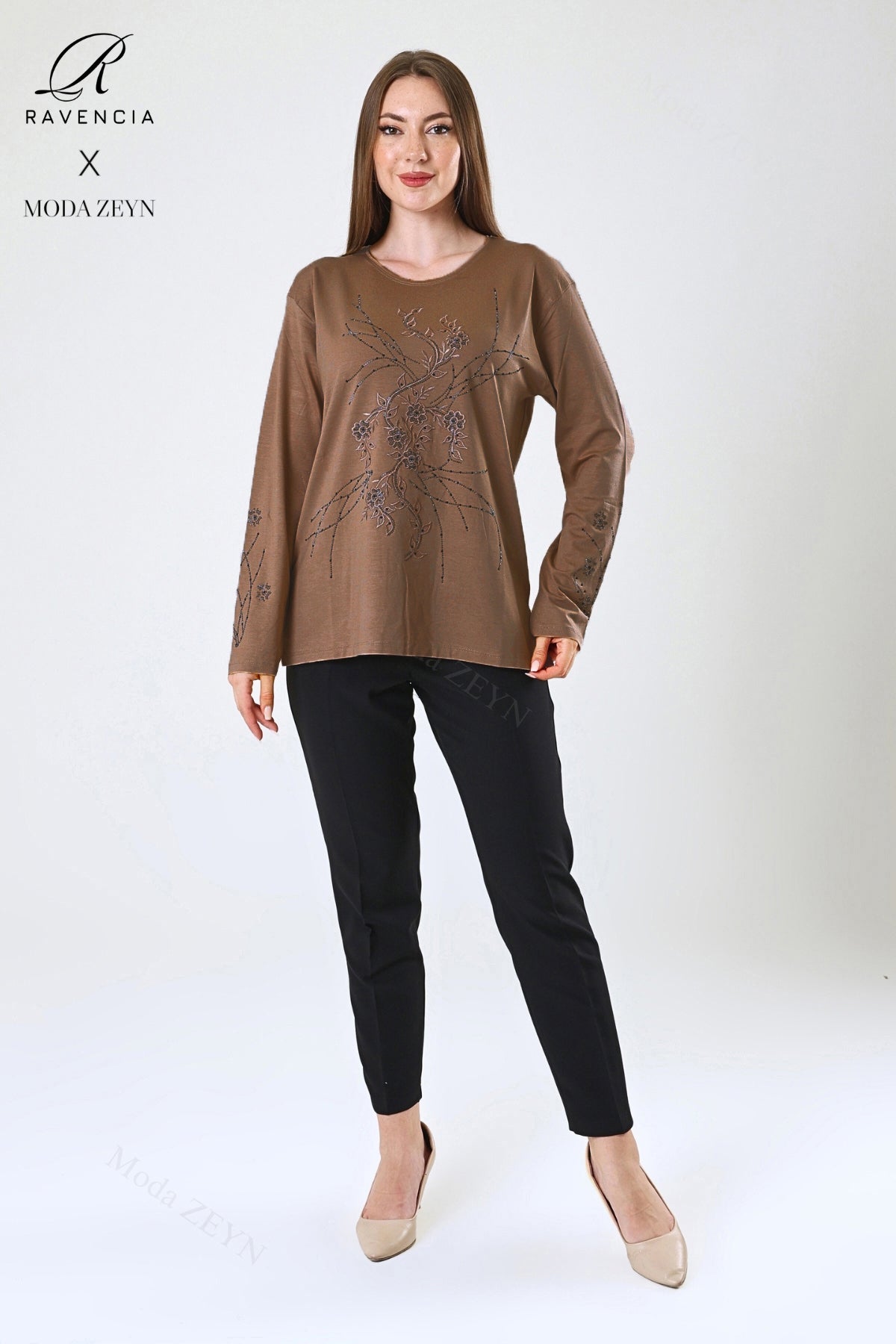 Kadın Orta Yaş Ve Üzeri Viskon Yeni Kaplama Desen Taşlı Işlemeli Likralı Zümrüt Anne Penye Bluz