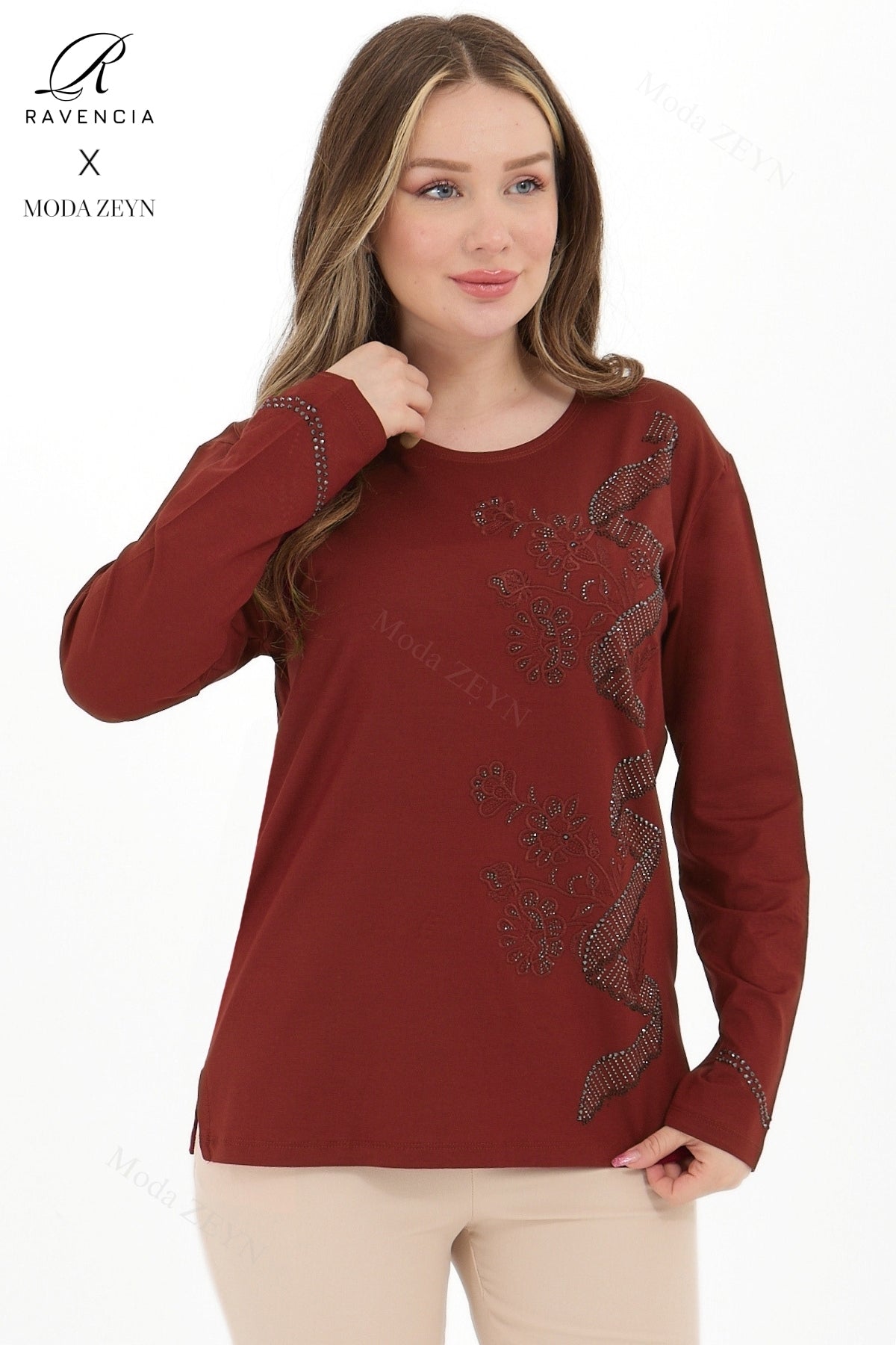 Kadın Orta Yaş Ve Üzeri Viskon Sarmal Desen Taşlı İşlemeli Likralı Yesil Anne Penye Bluz