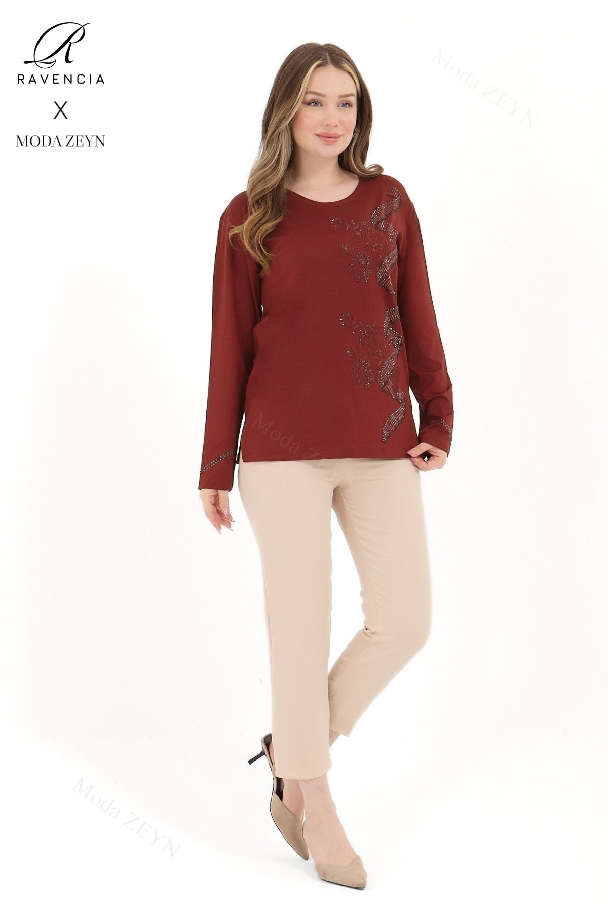 Kadın Orta Yaş Ve Üzeri Viskon Sarmal Desen Taşlı İşlemeli Likralı Yesil Anne Penye Bluz