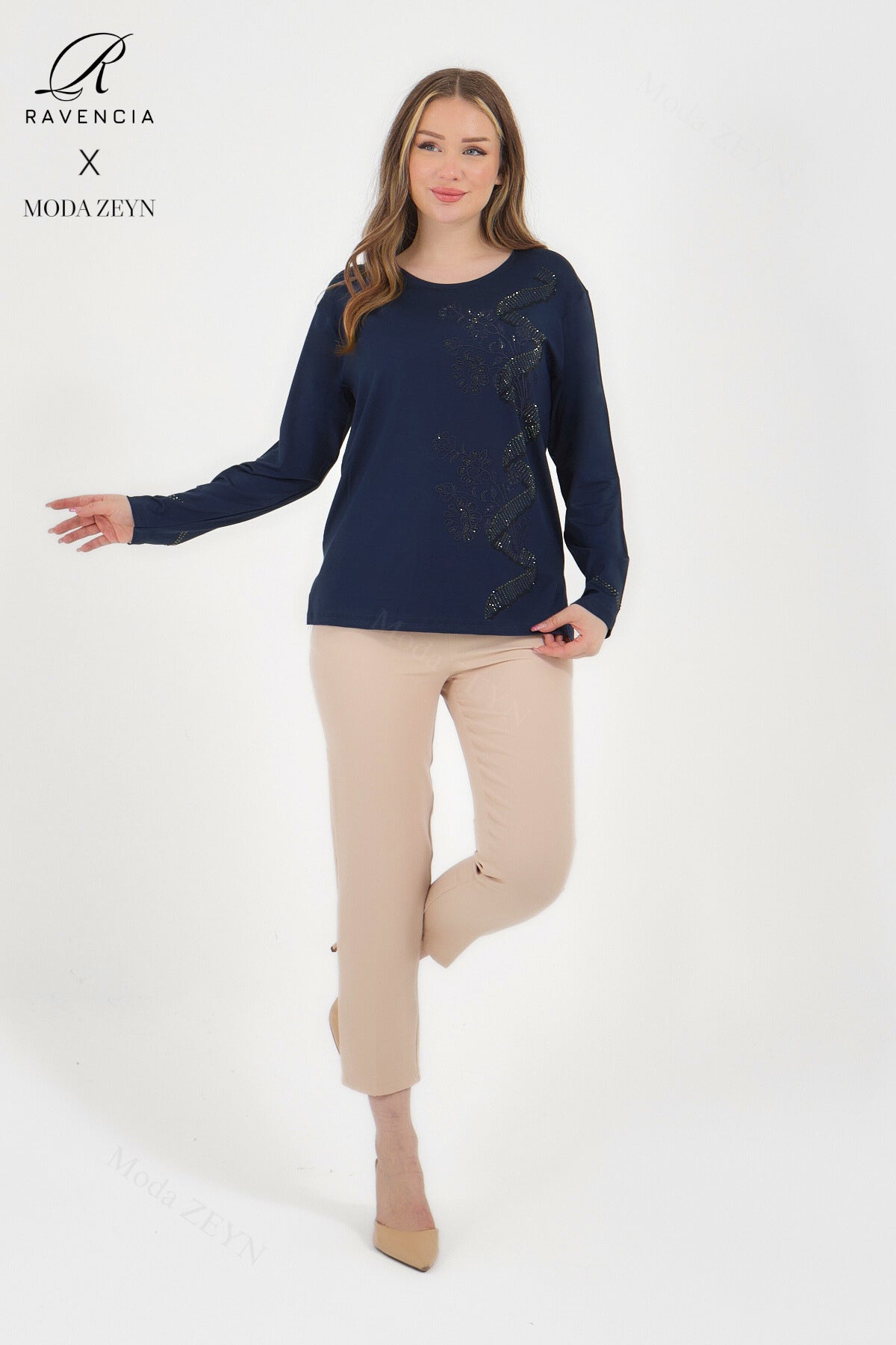 Kadın Orta Yaş Ve Üzeri Viskon Sarmal Desen Taşlı İşlemeli Likralı Yesil Anne Penye Bluz