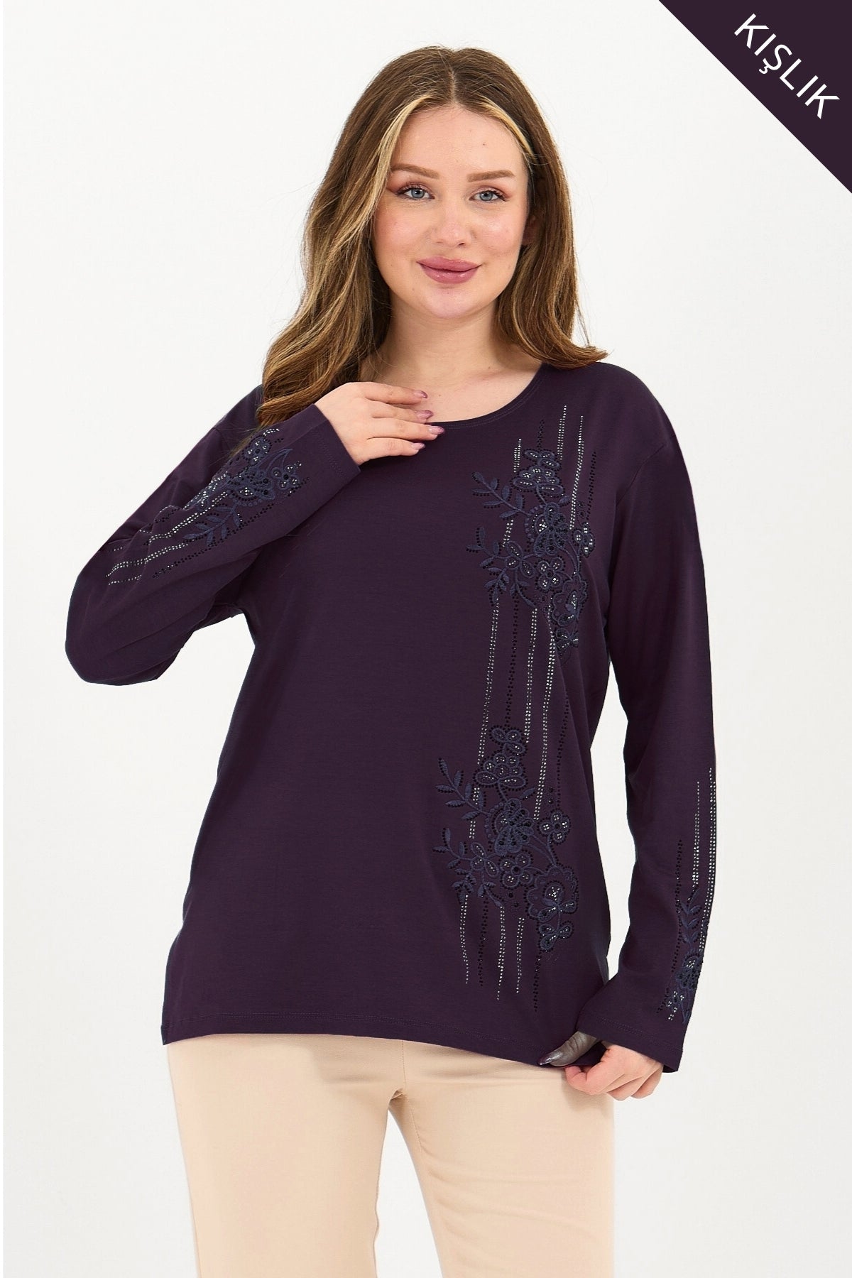 Kadın Kışlık Orta Yaş Ve Üzeri Viskon Şerit Desen Taşlı Işlemeli Likralı Anne Penye Bluz